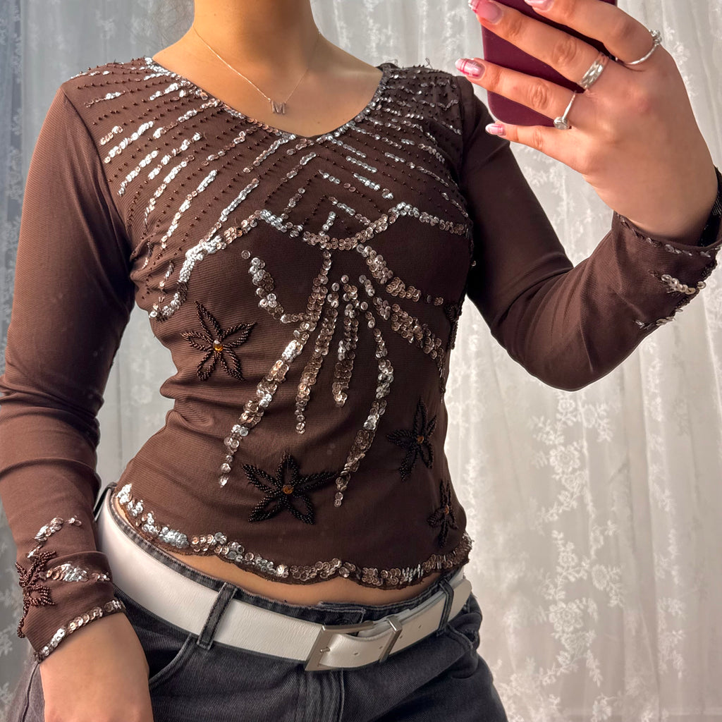 Brown mesh sequin long sleeved top