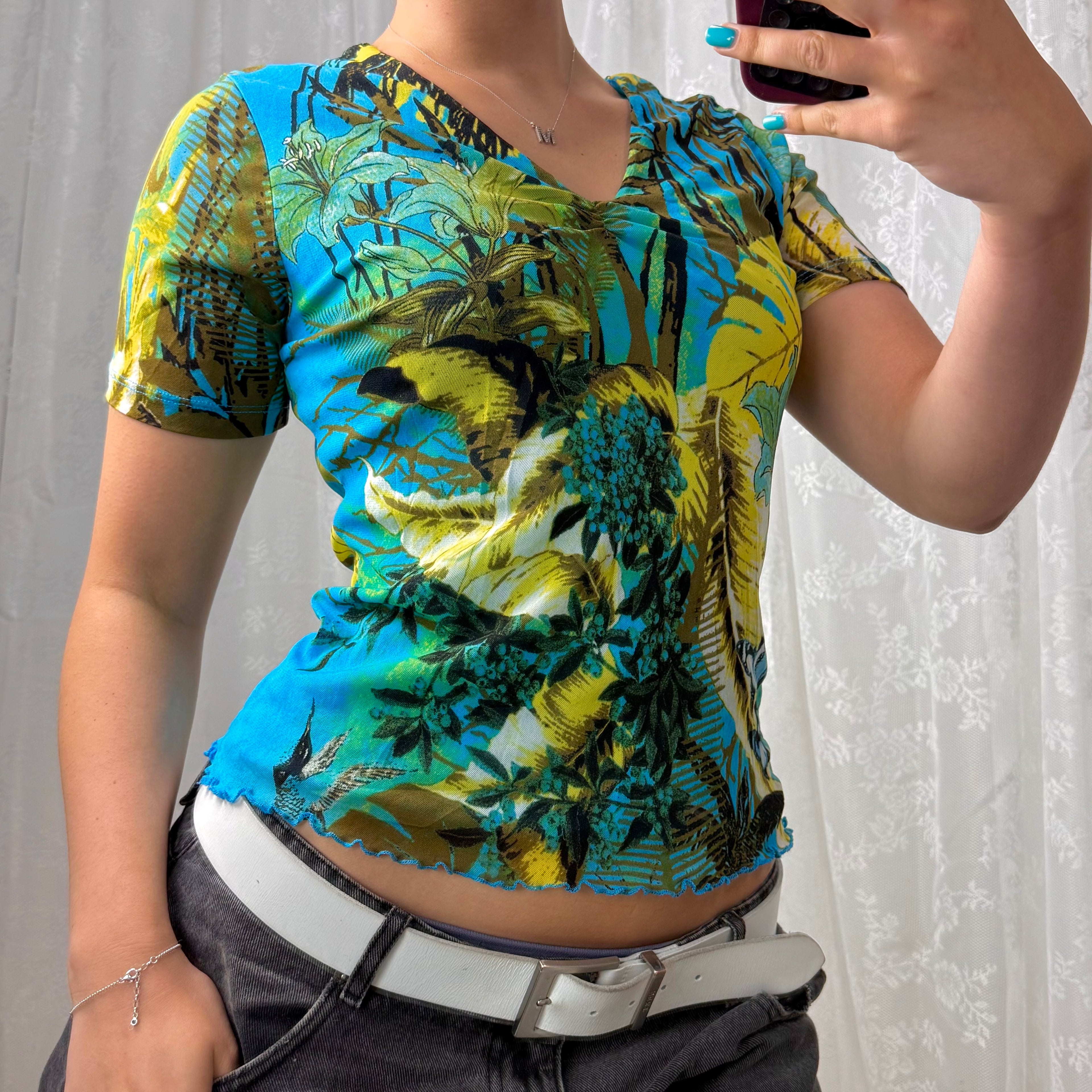 Blue mesh patterned top