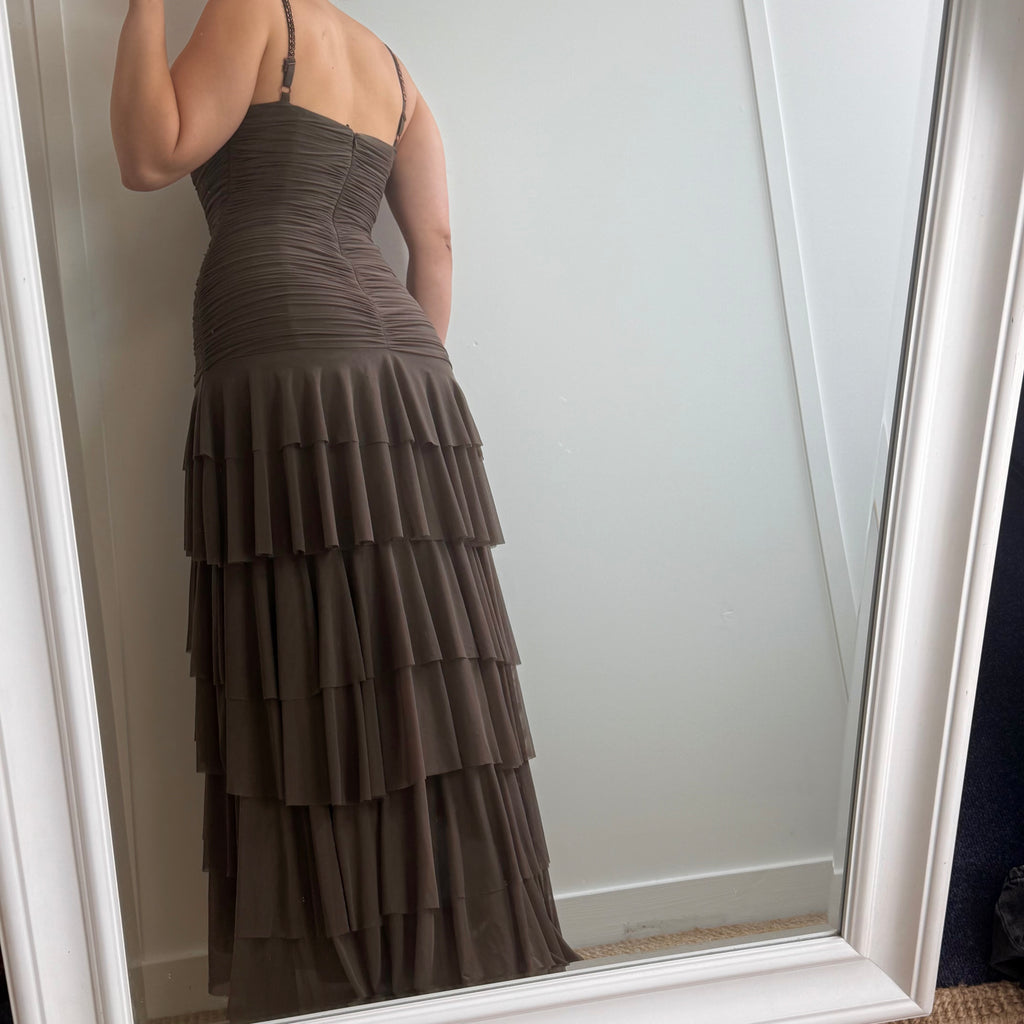 Brown waterfall beaded dress