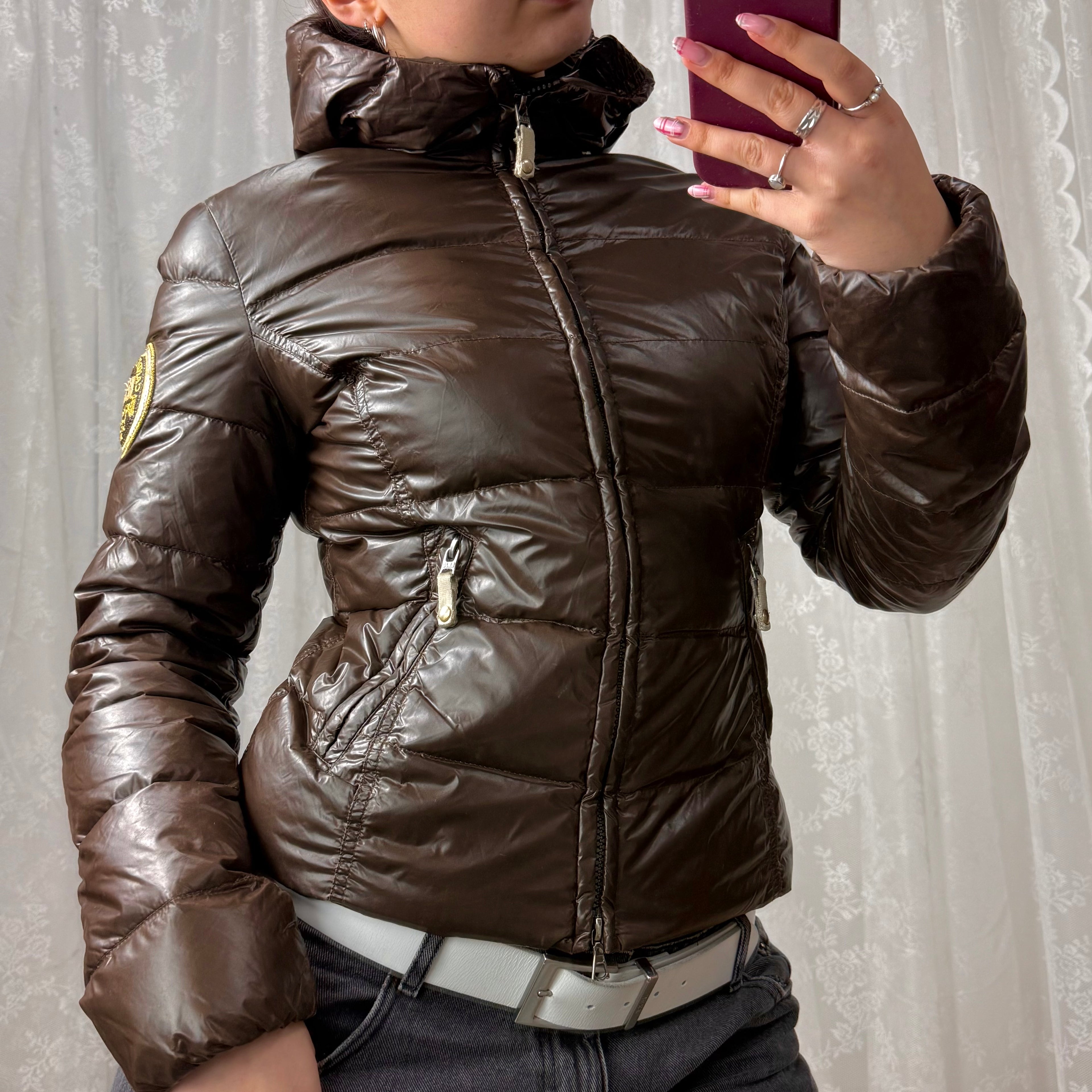Brown shiny puffer jacket with gold embroidery