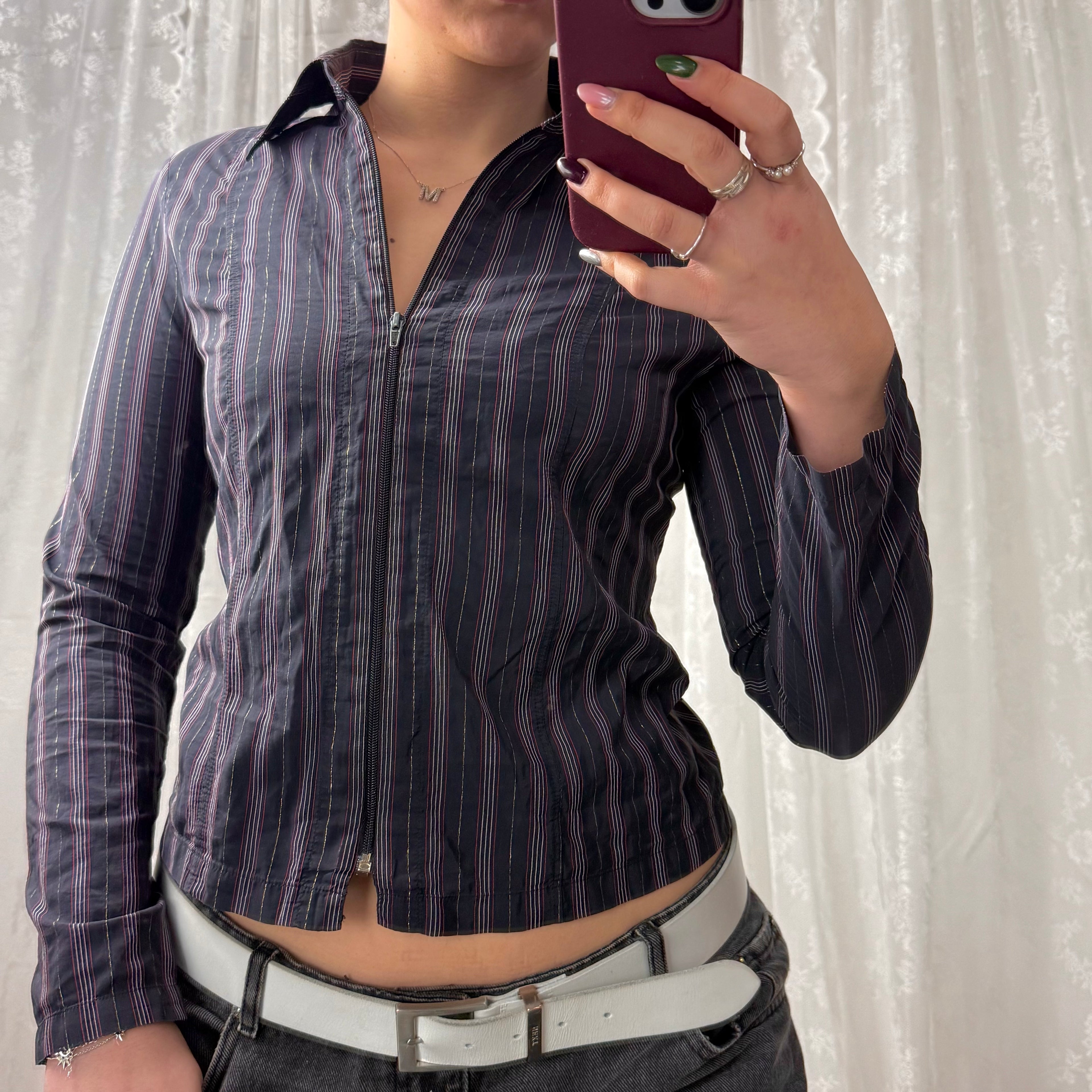 Blue striped collared zip up shirt