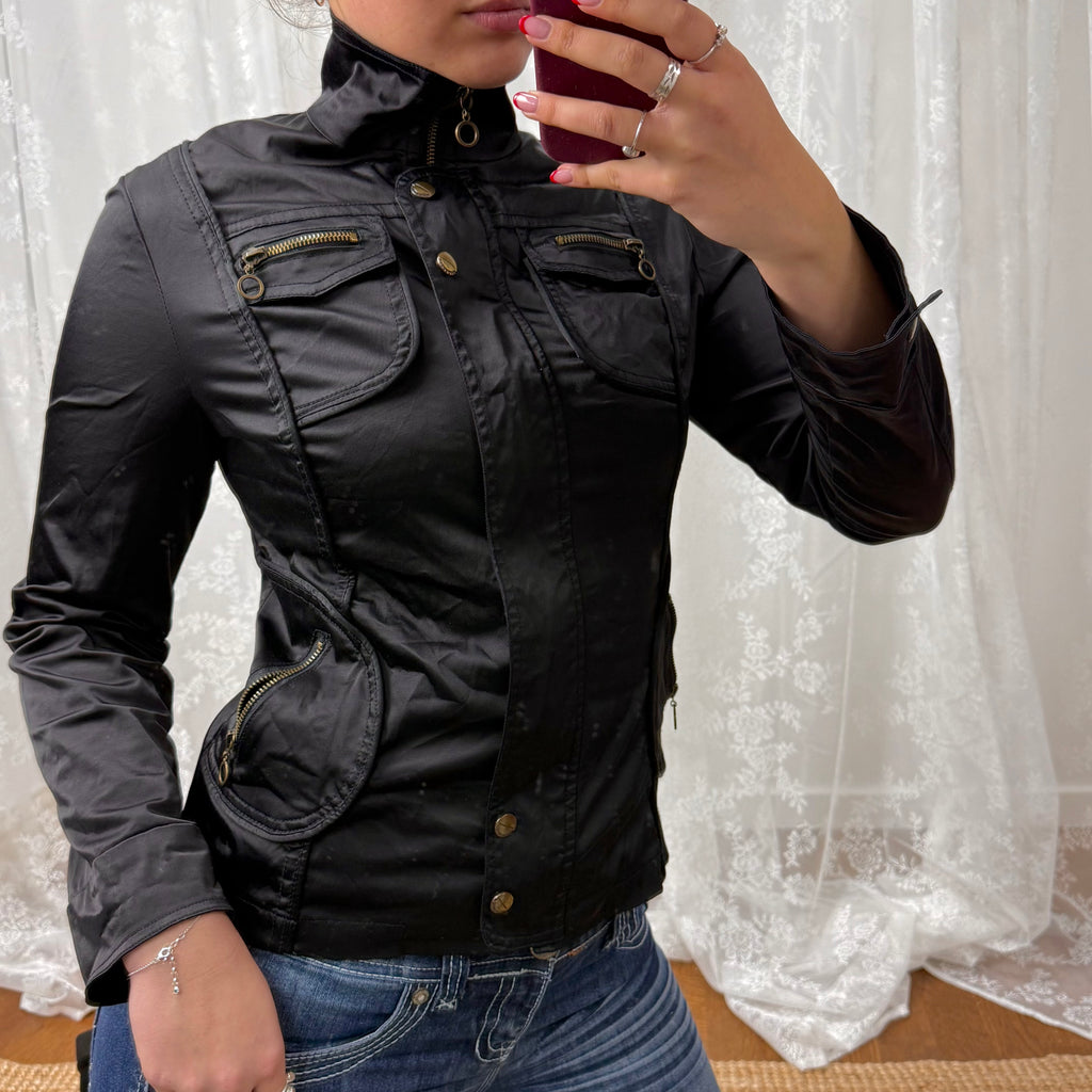 Black and gold shiny zip up cargo jacket