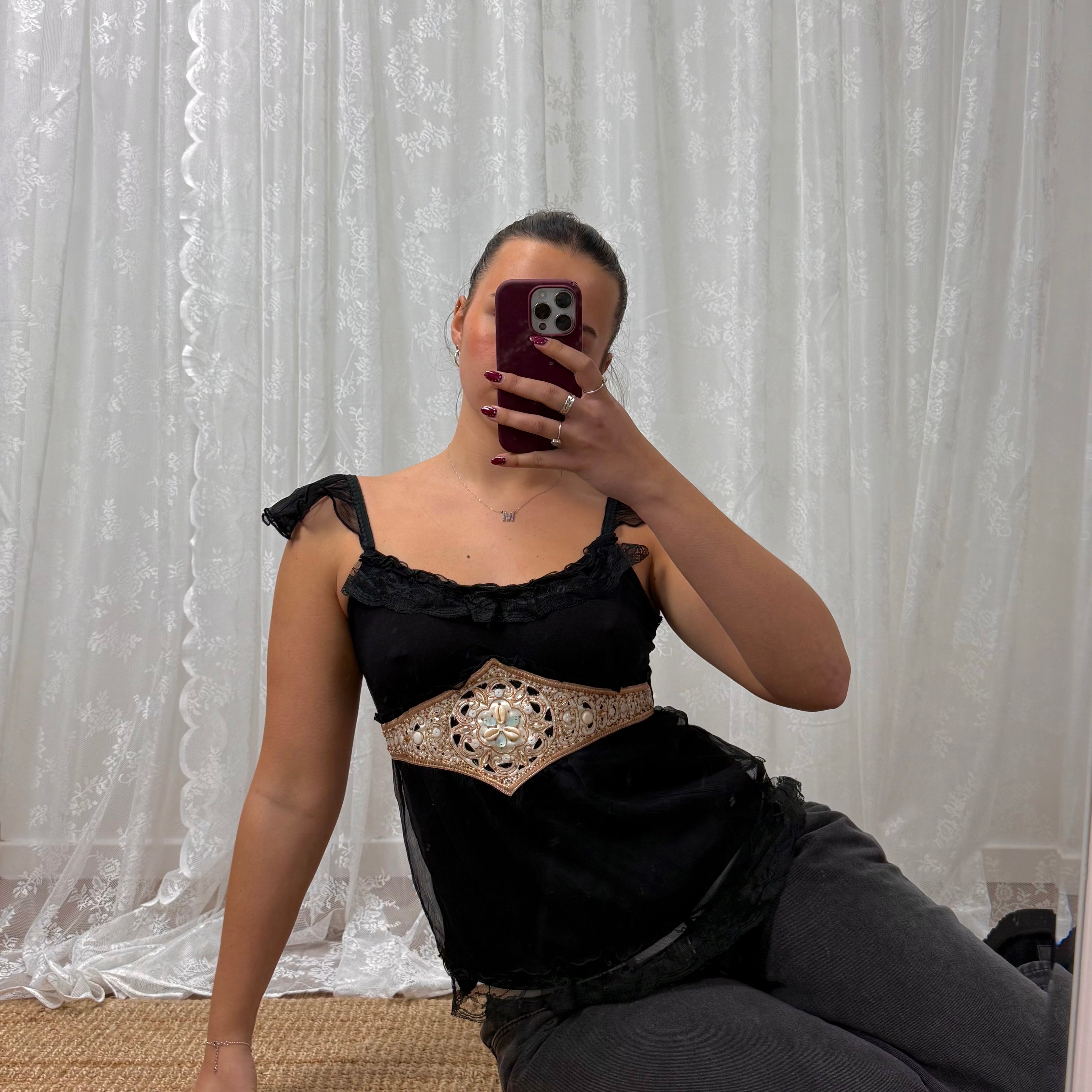 Vintage black ruffle sequin top