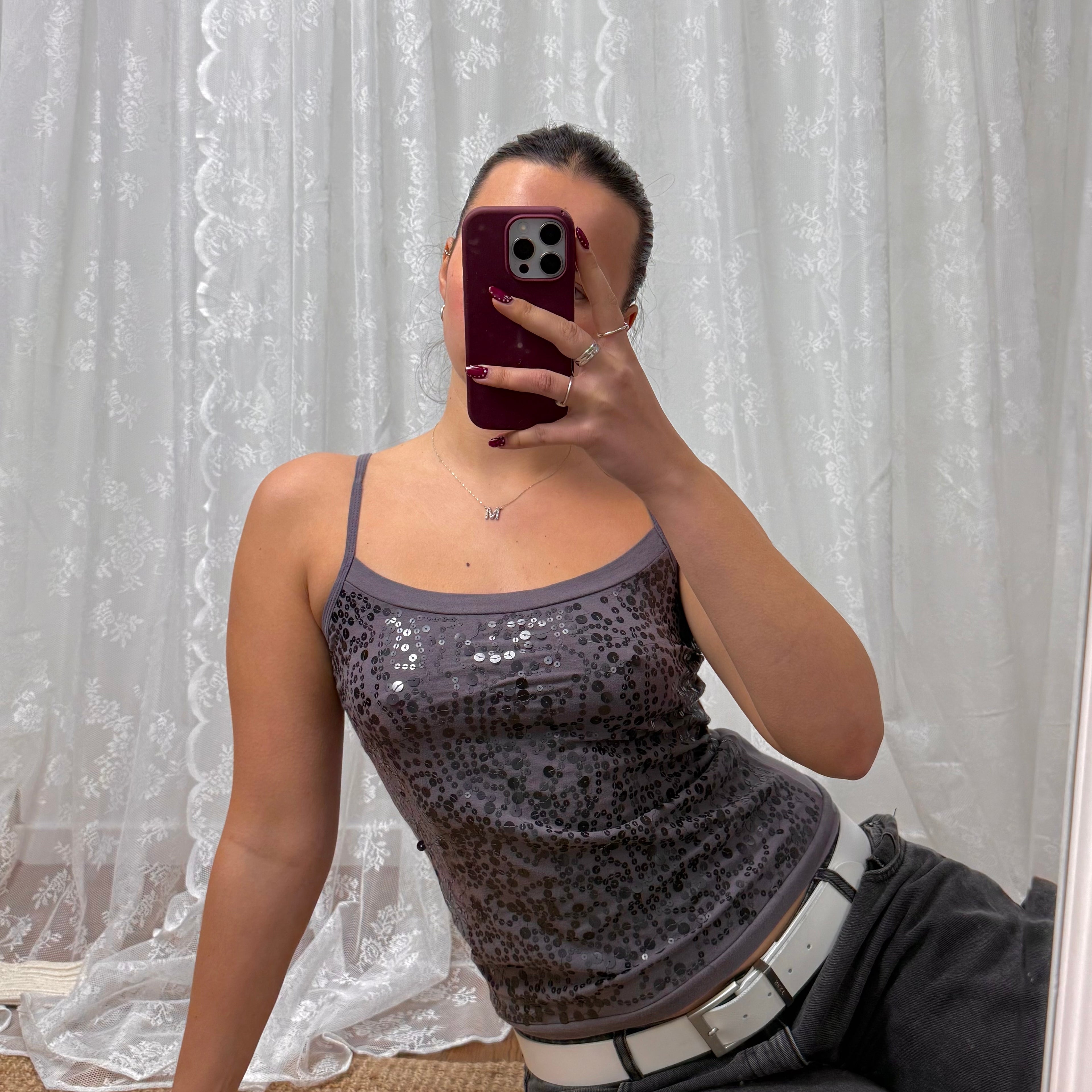 Grey sequin cami top
