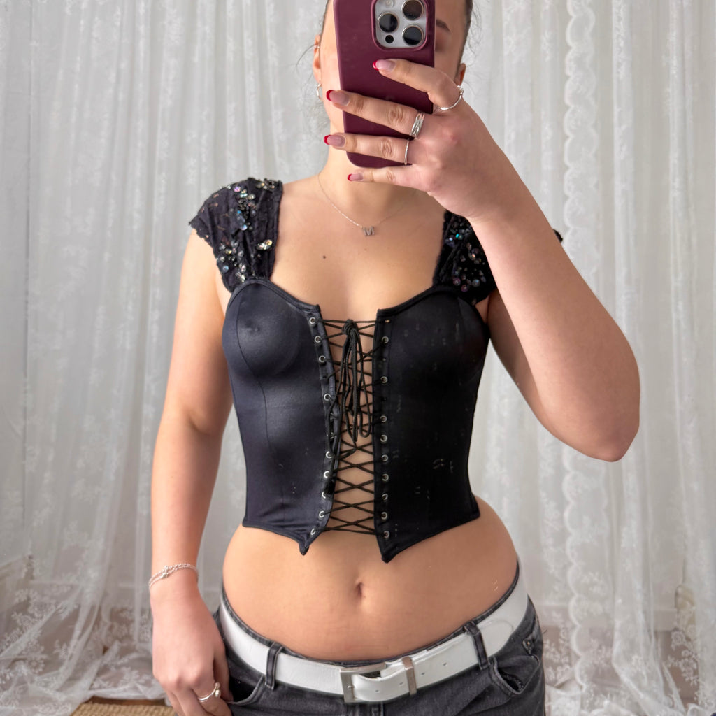 Black lace beaded off the shoulder corset top
