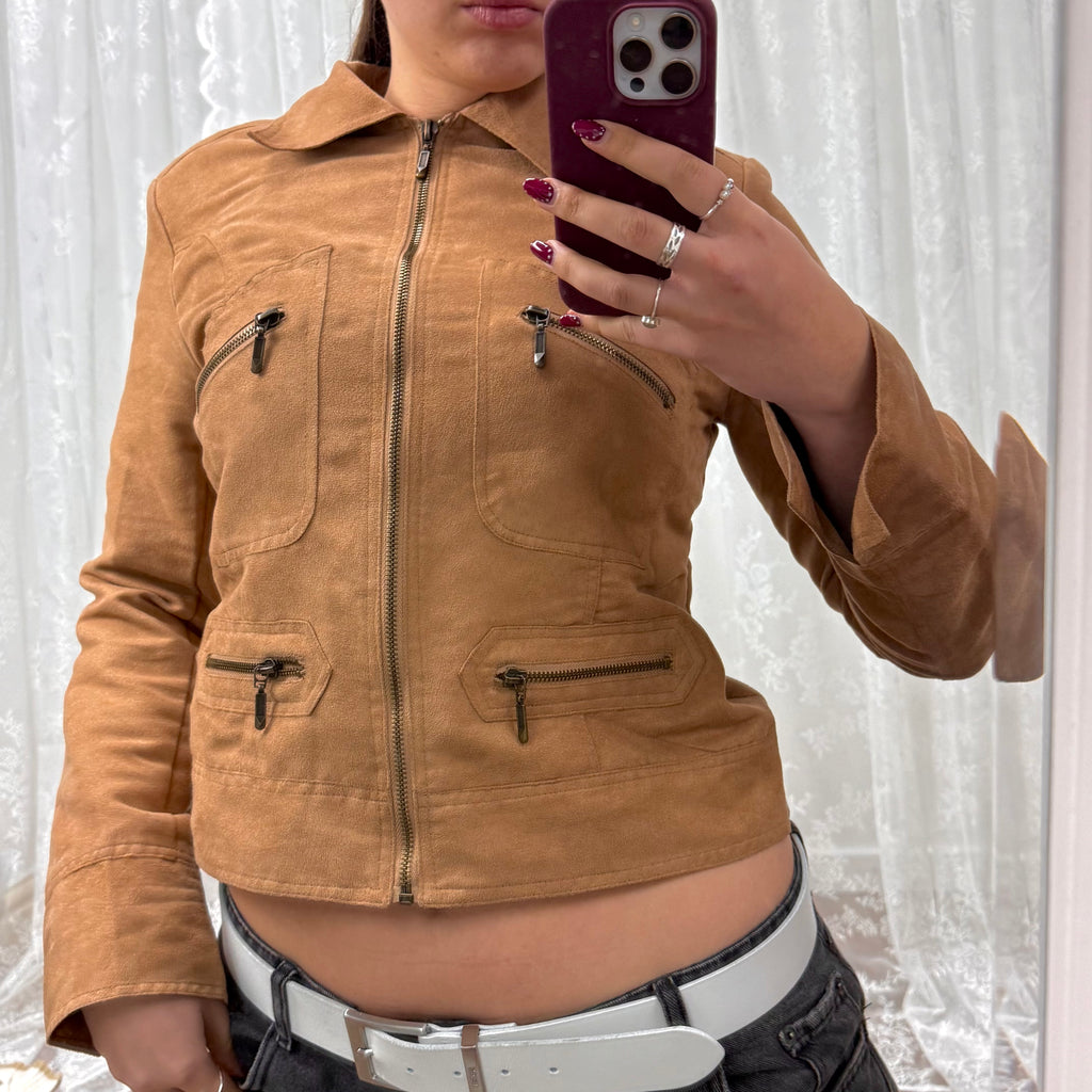 Tan brown suede style jacket with collared detail