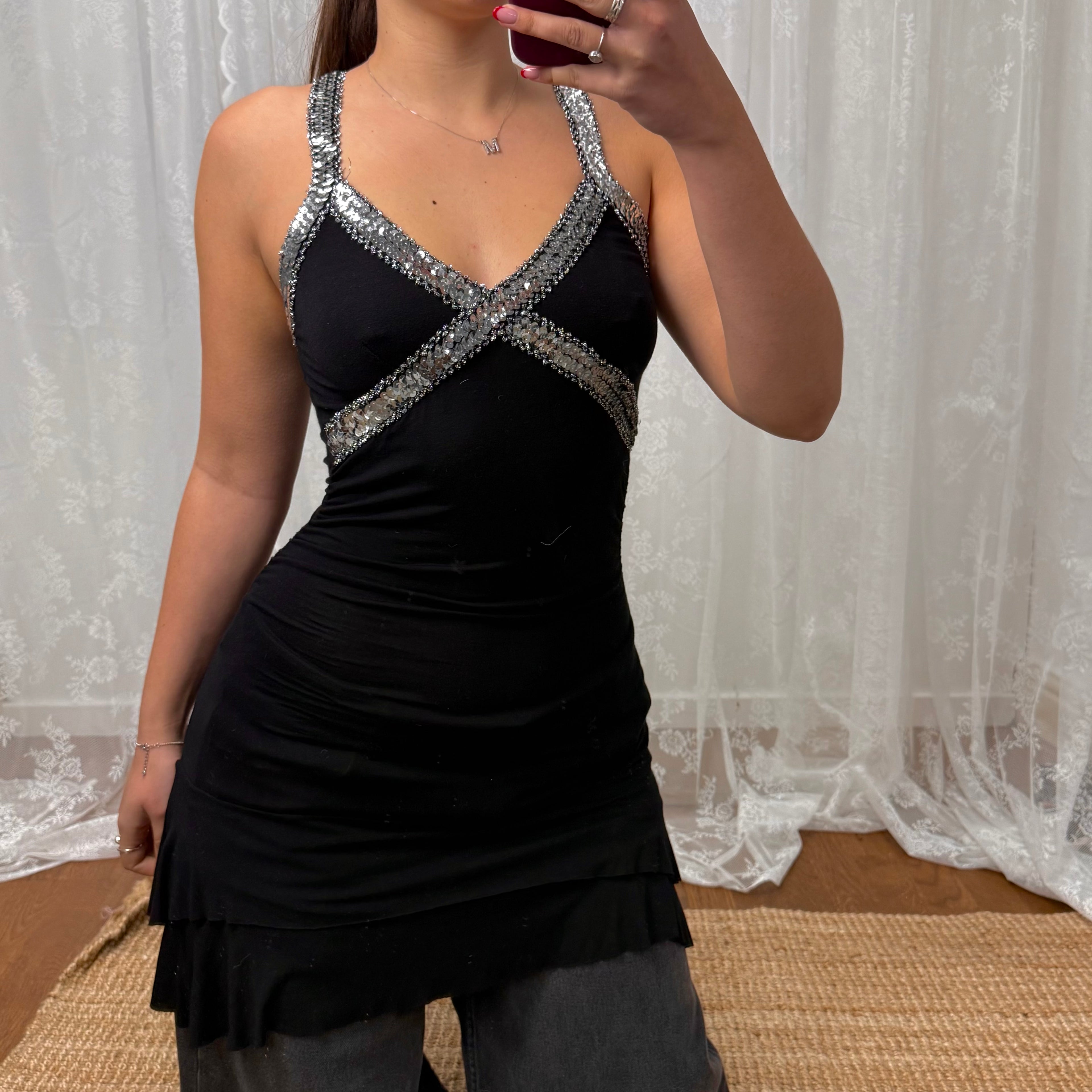 Black and silver sequin tiered mini dress