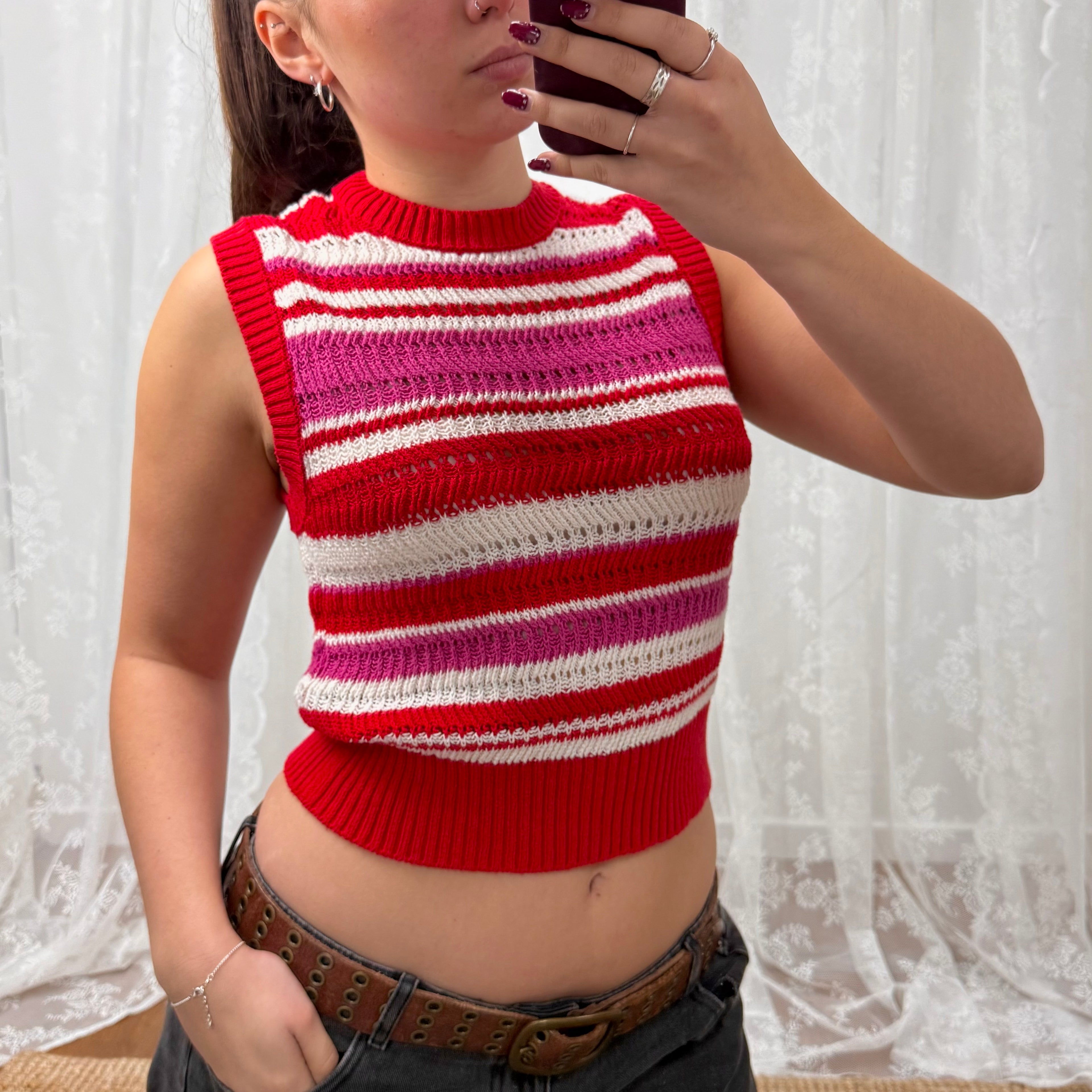 Pink and white knitted short sleeve sweater