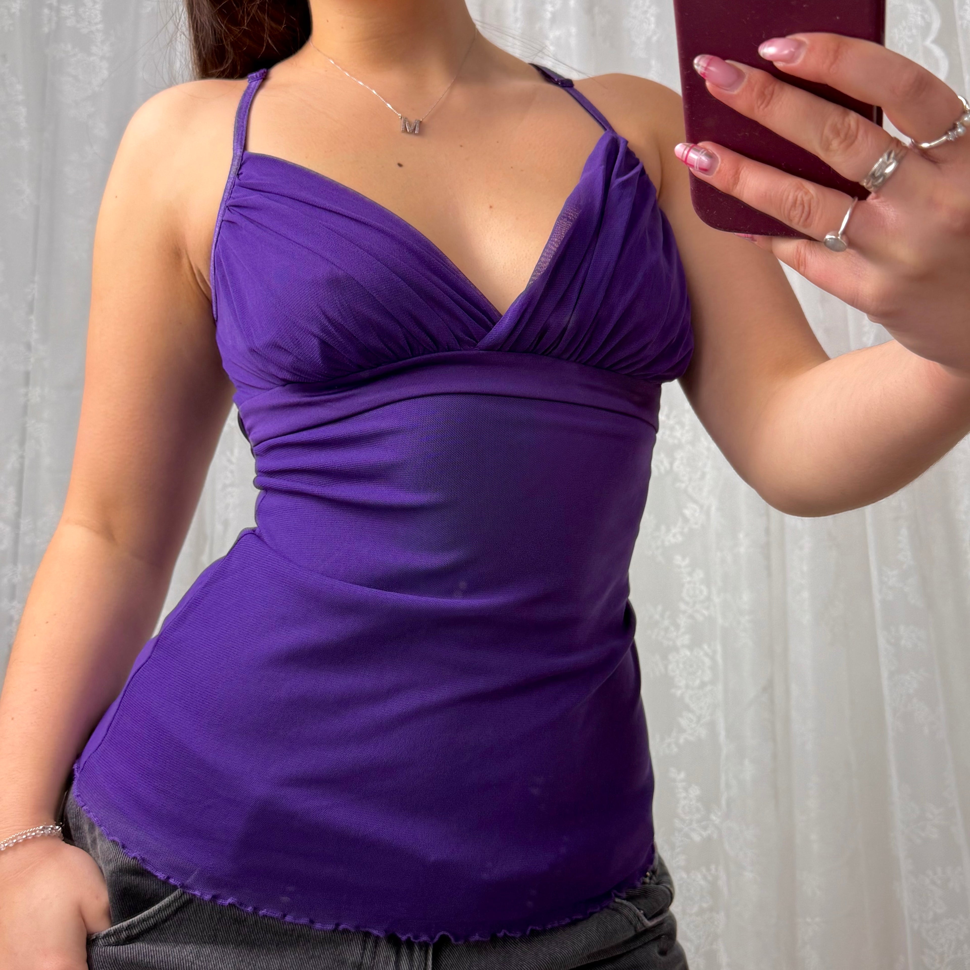 Purple mesh cami top with tie back