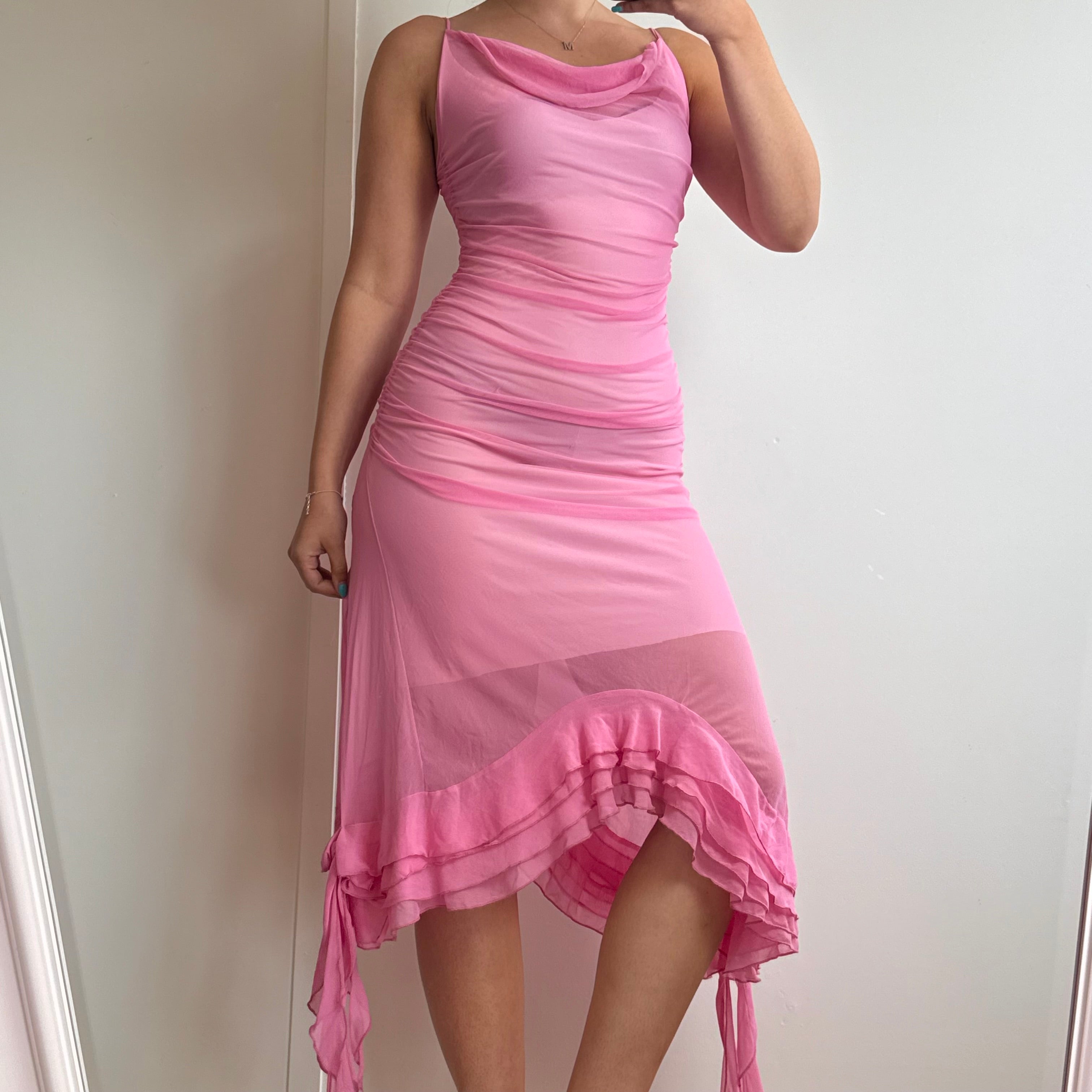 Pink mesh asymmetrical cowl neck dress