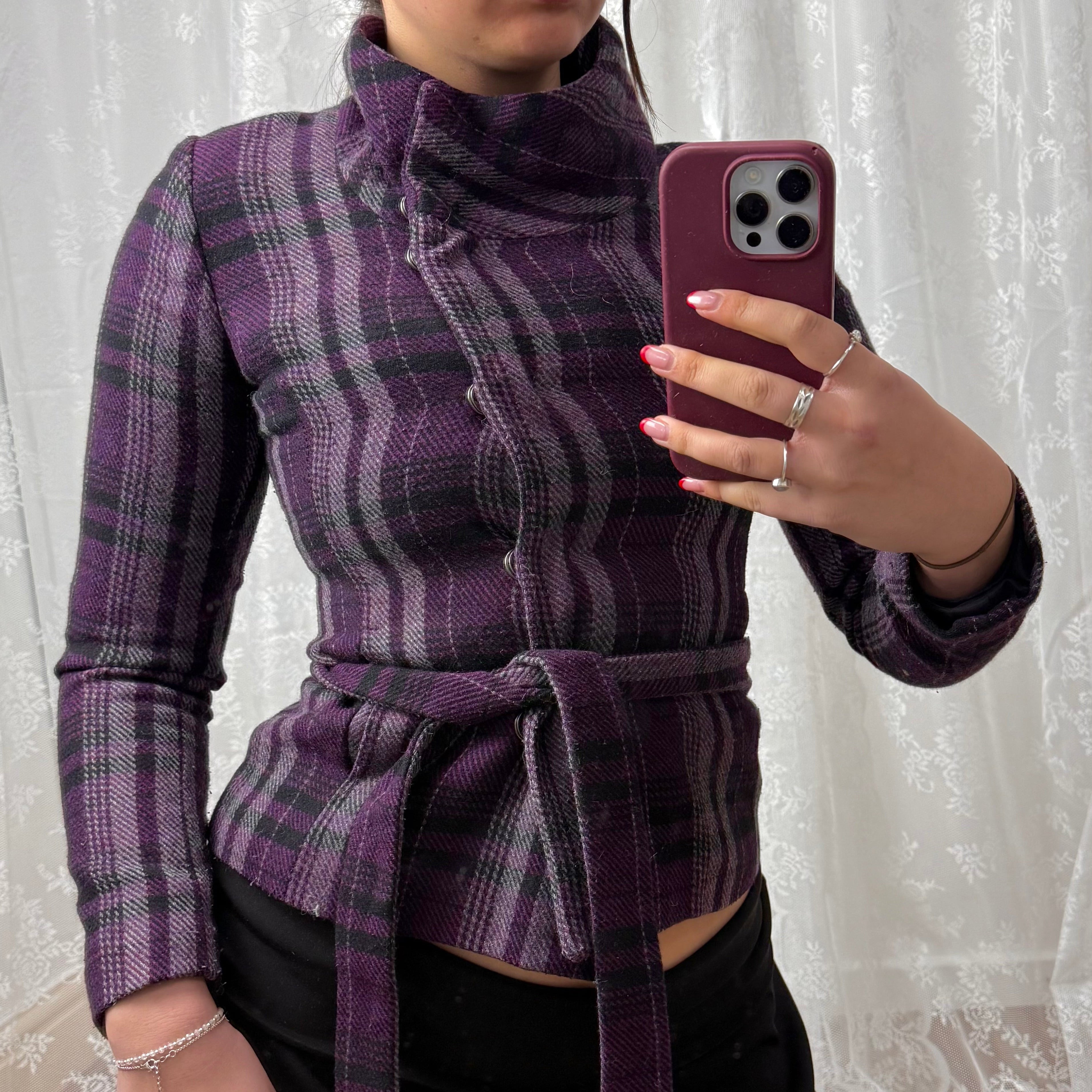Purple plaid tie waist jacket