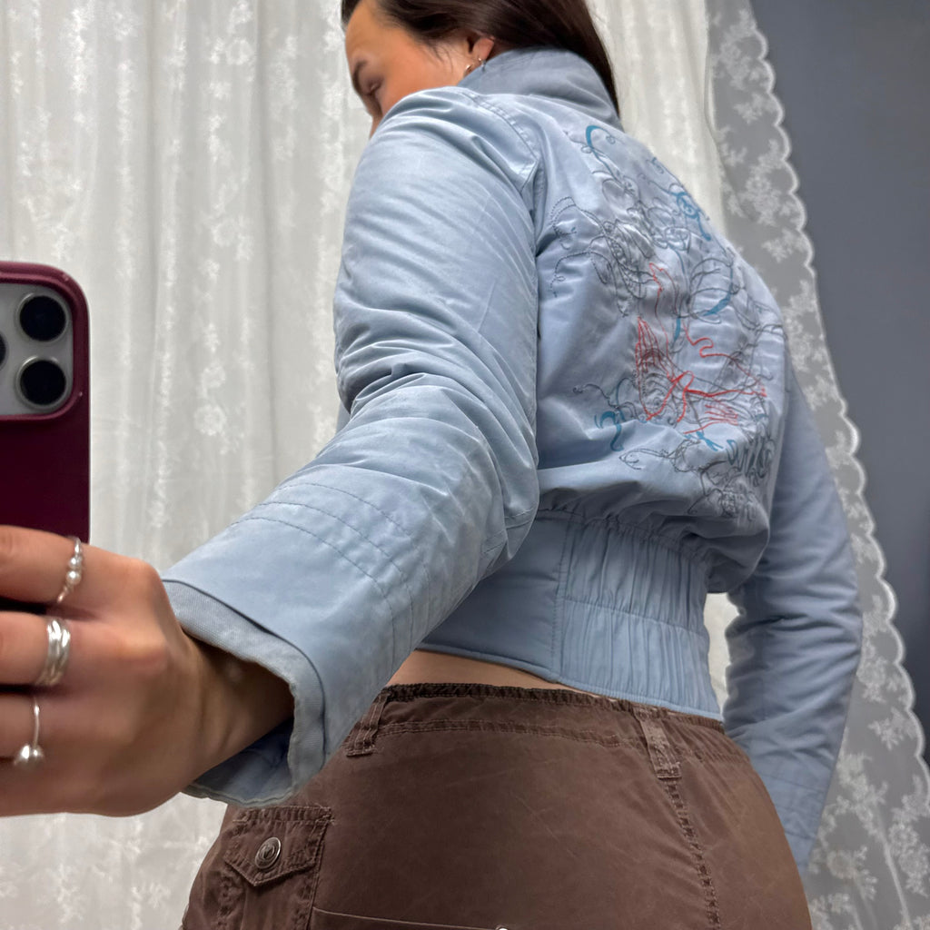 Blue padded cargo jacket with embroidered back