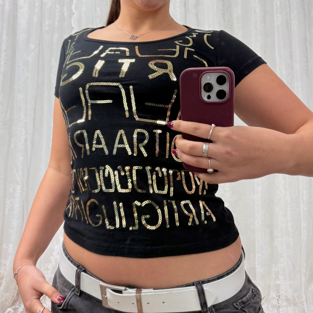 Black gold sequin baby tee