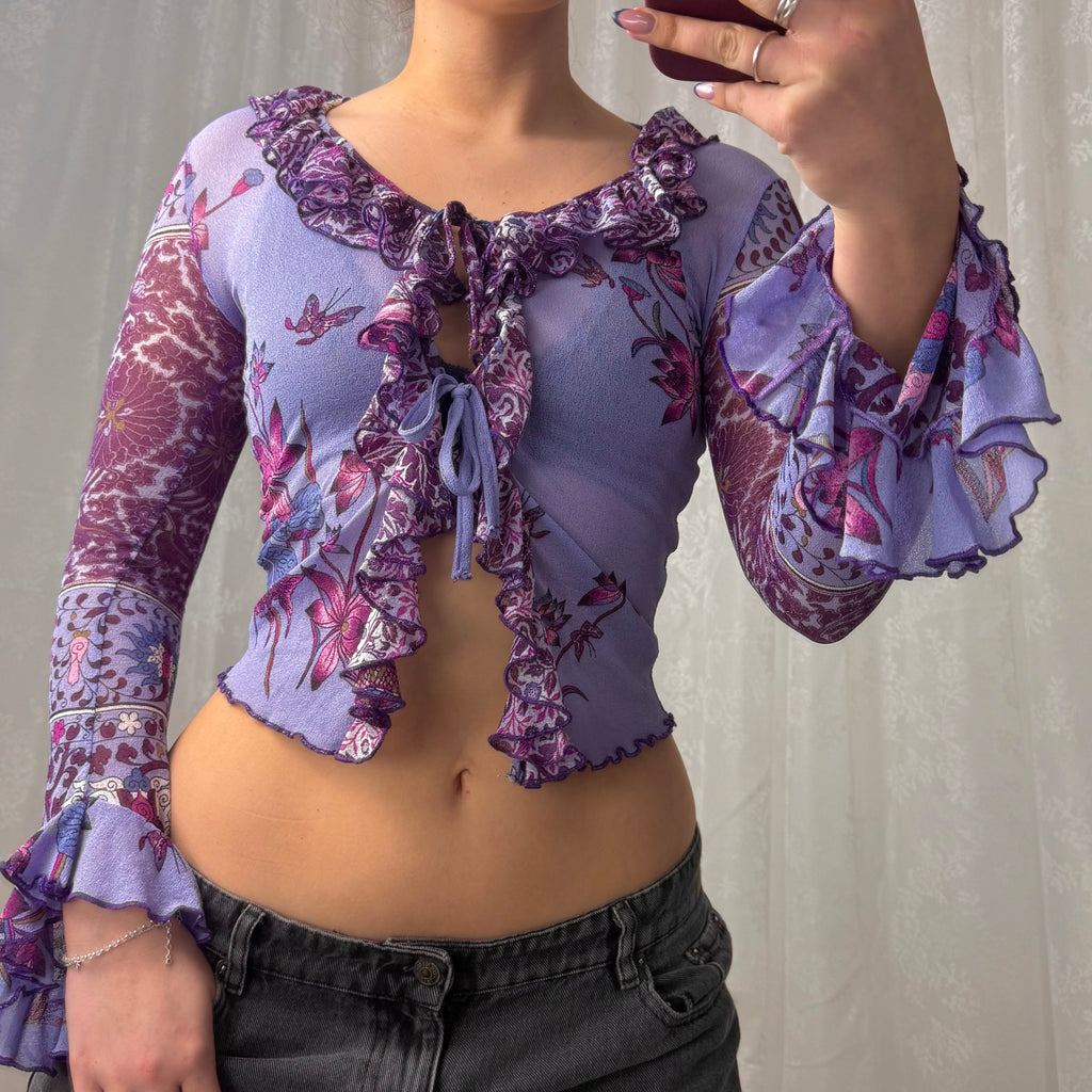 Purple patterned mesh long sleeve floaty top