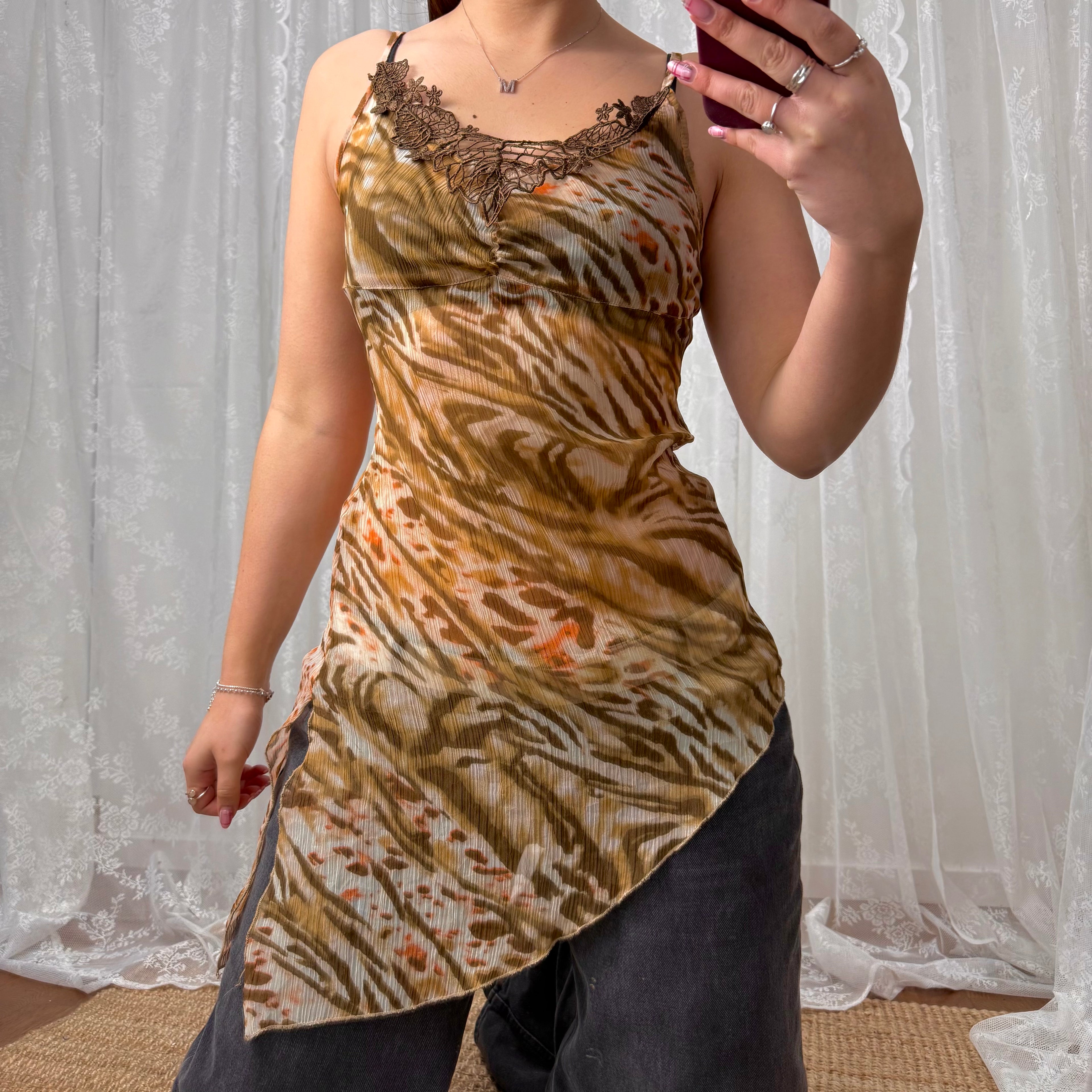 Longlined mesh brown patterned cami top with lace detailing