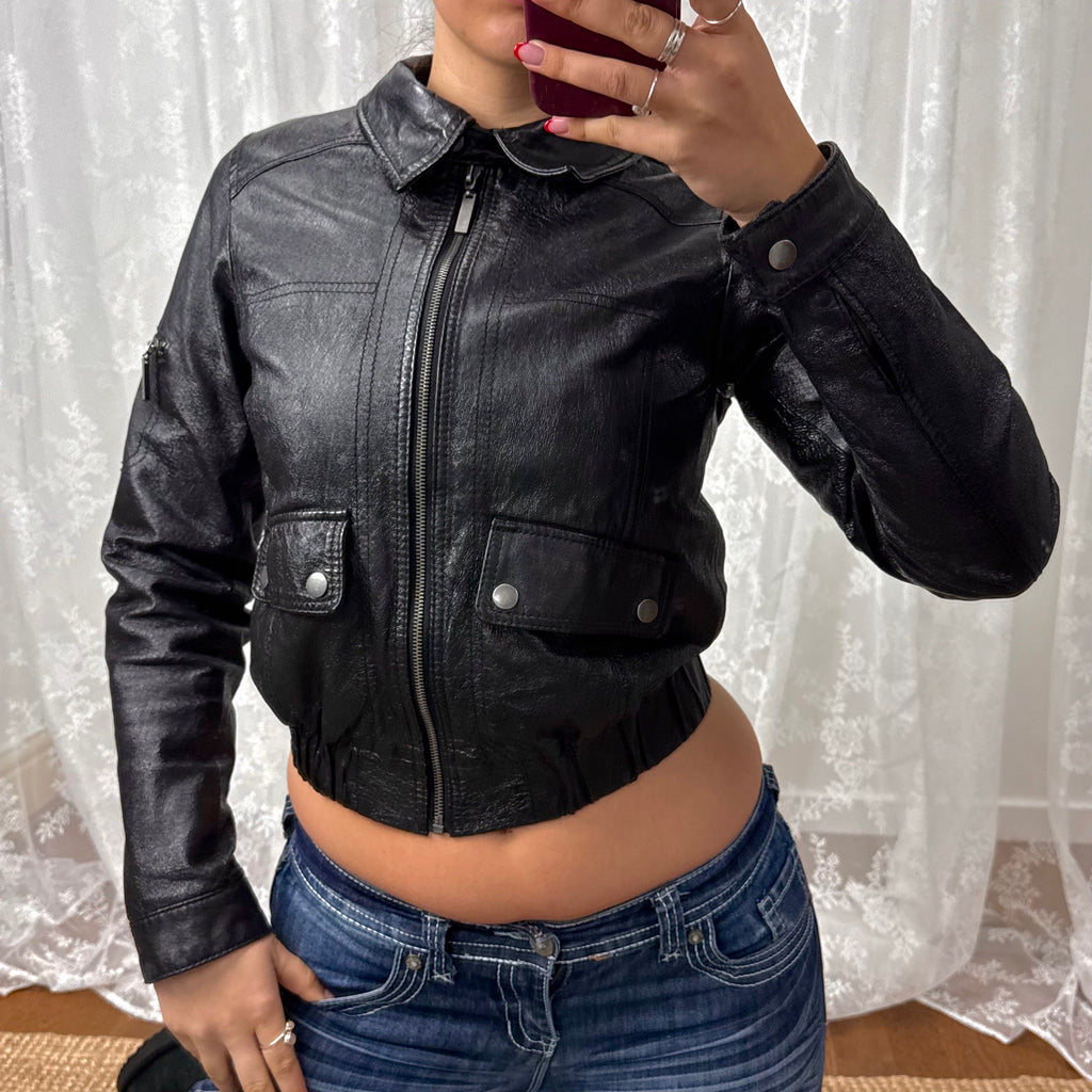 Black shiny leather bomber jacket
