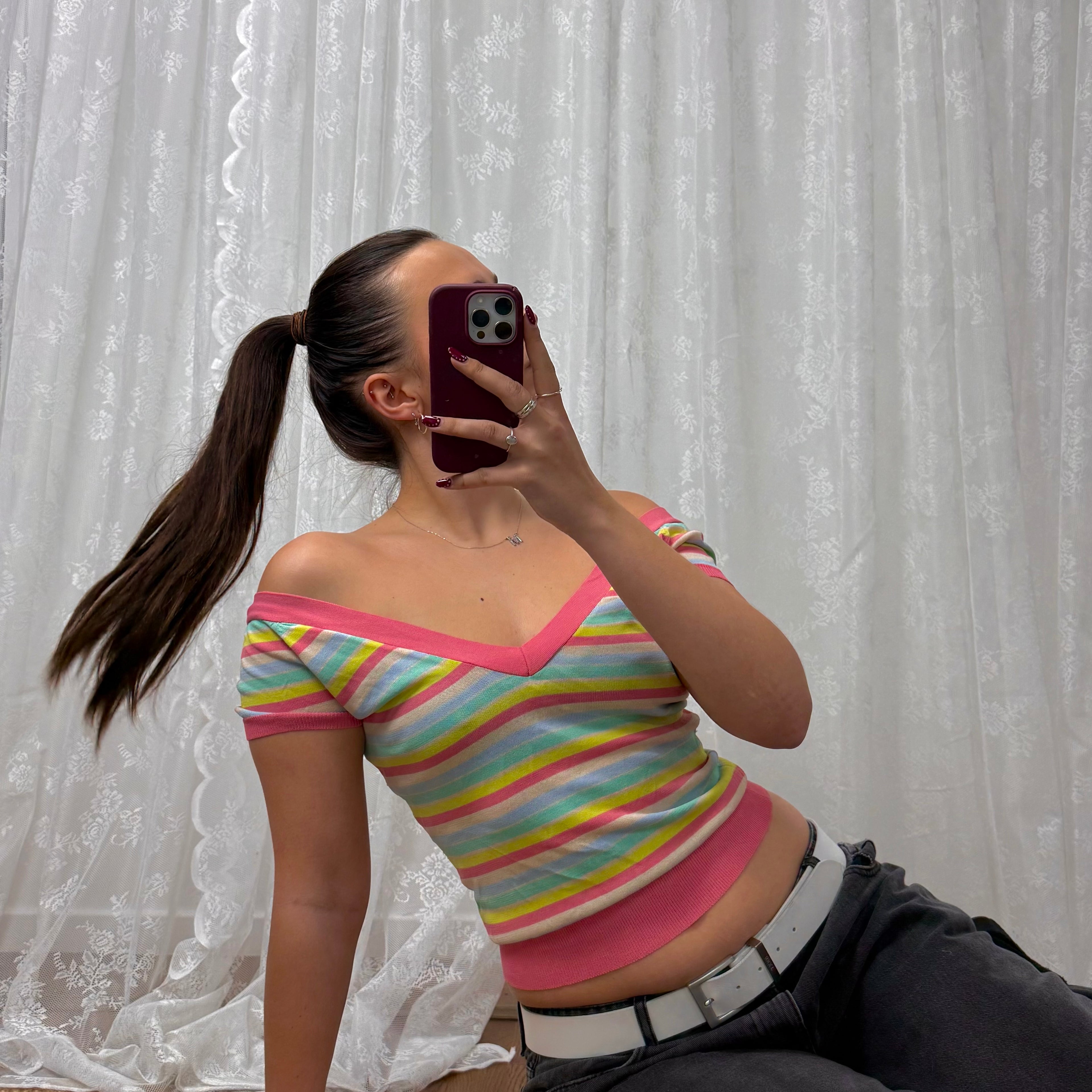 Multicoloured striped off the shoulder top