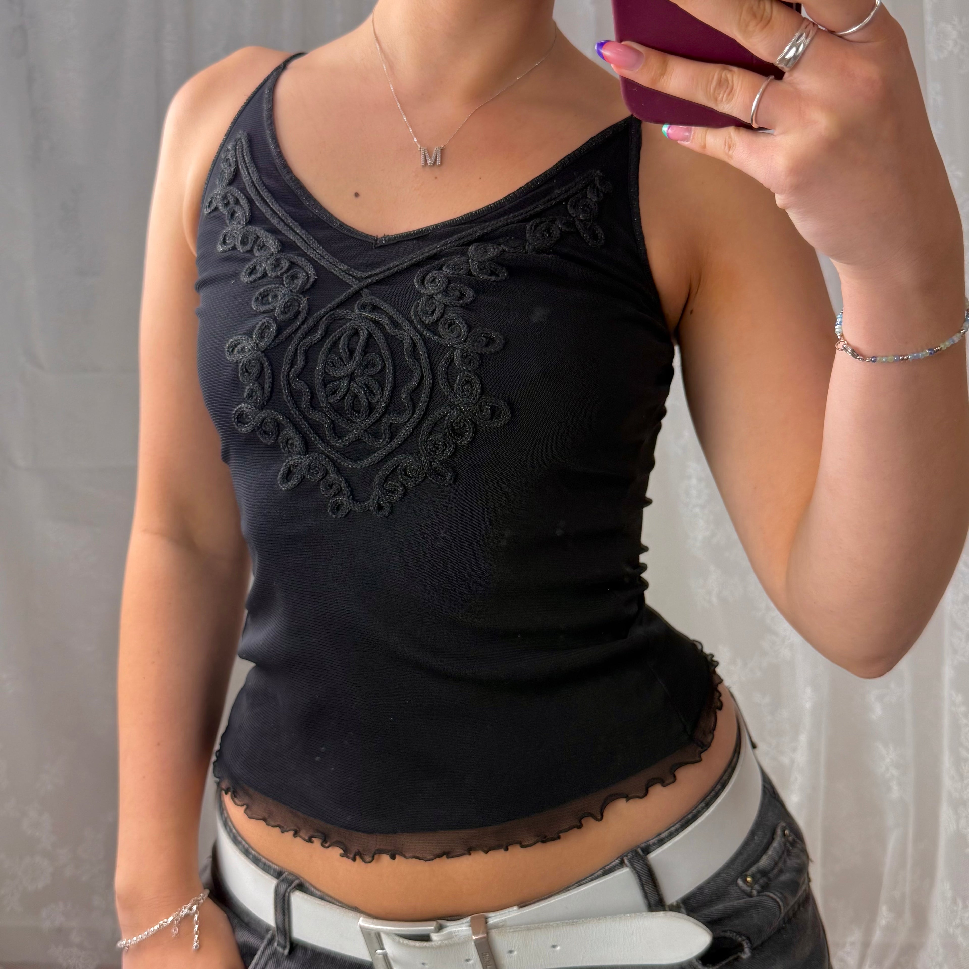 Black mesh detailed cami top