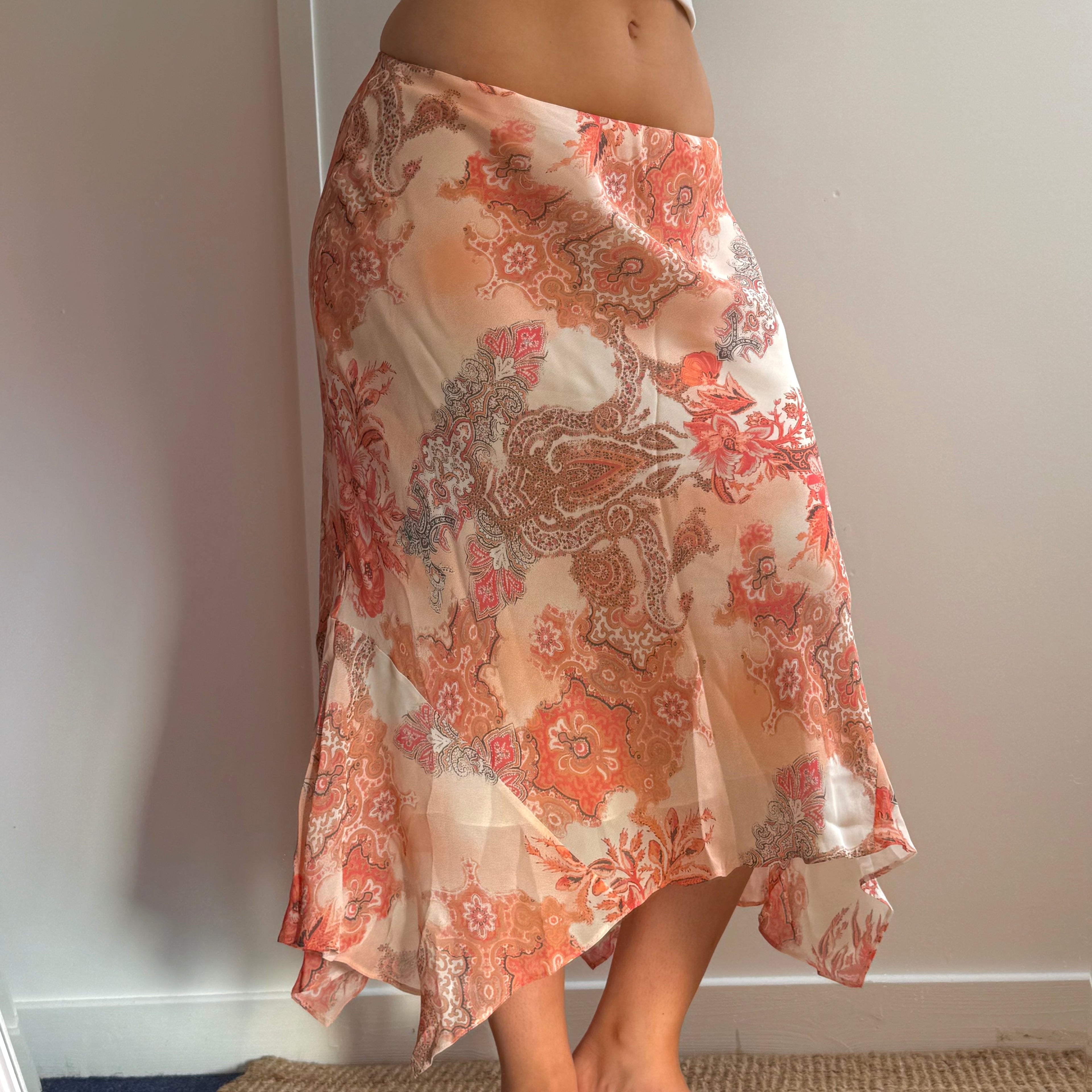 Orange paisley patterned mesh midi skirt