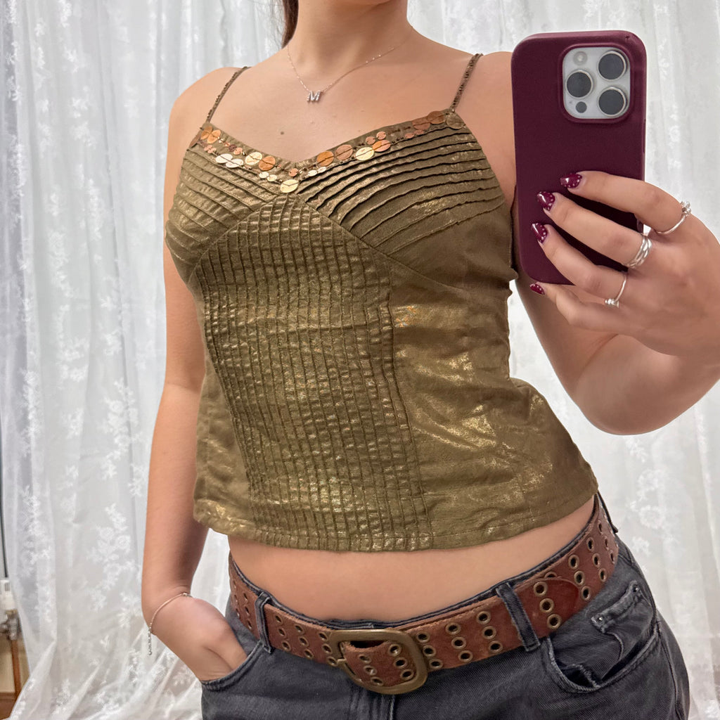 Green and bronze sequin cami top