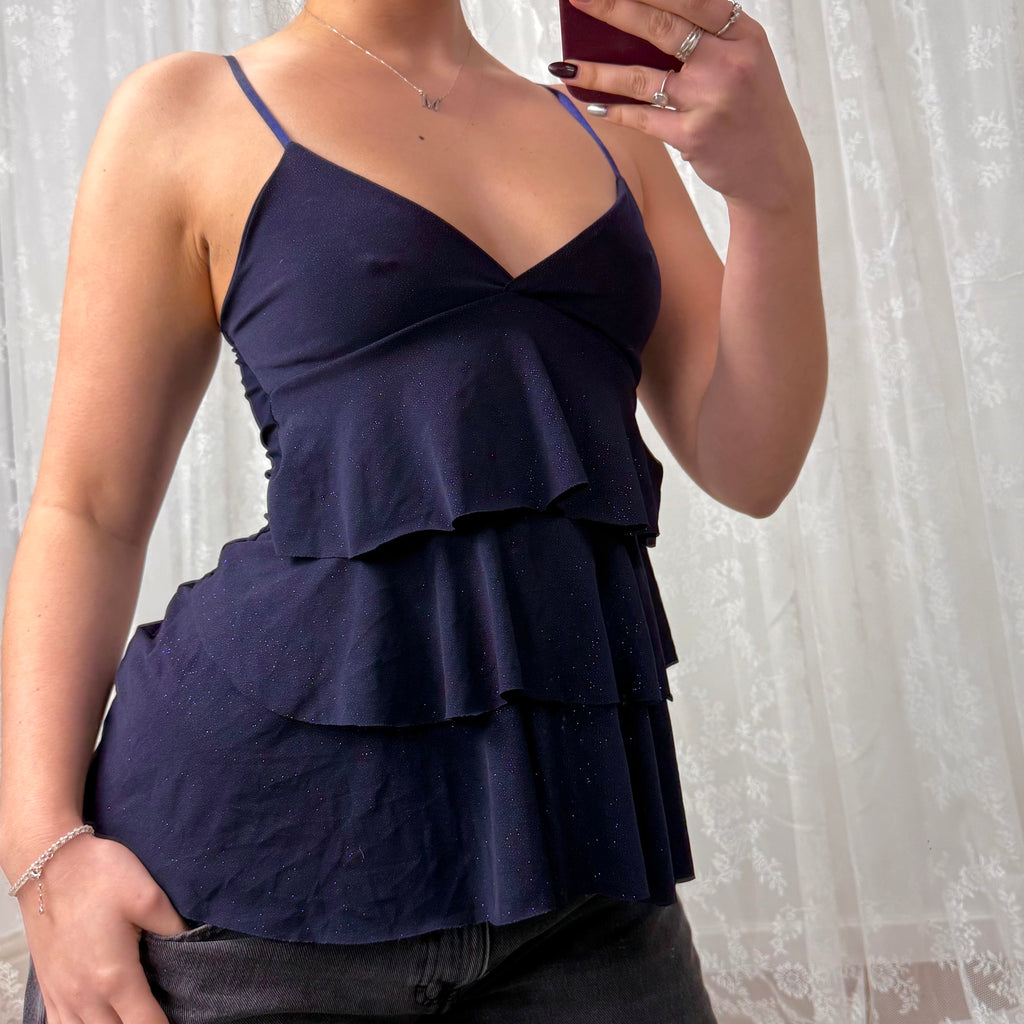 Navy glittery ruffle cami top