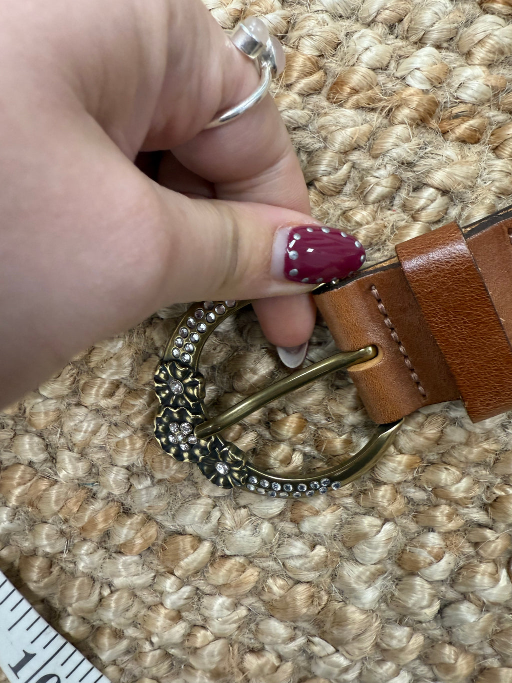 Tan leather diamanté buckle belt