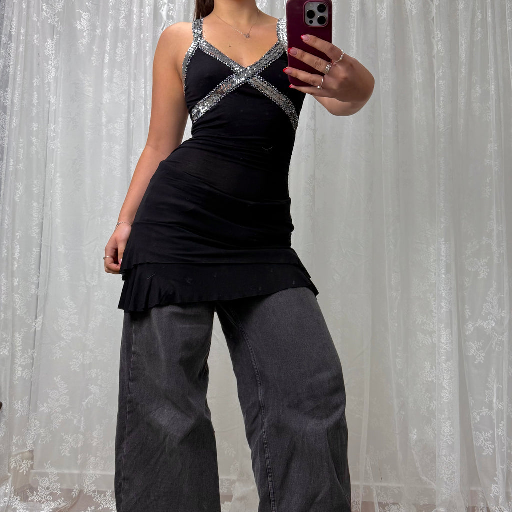 Black and silver sequin tiered mini dress