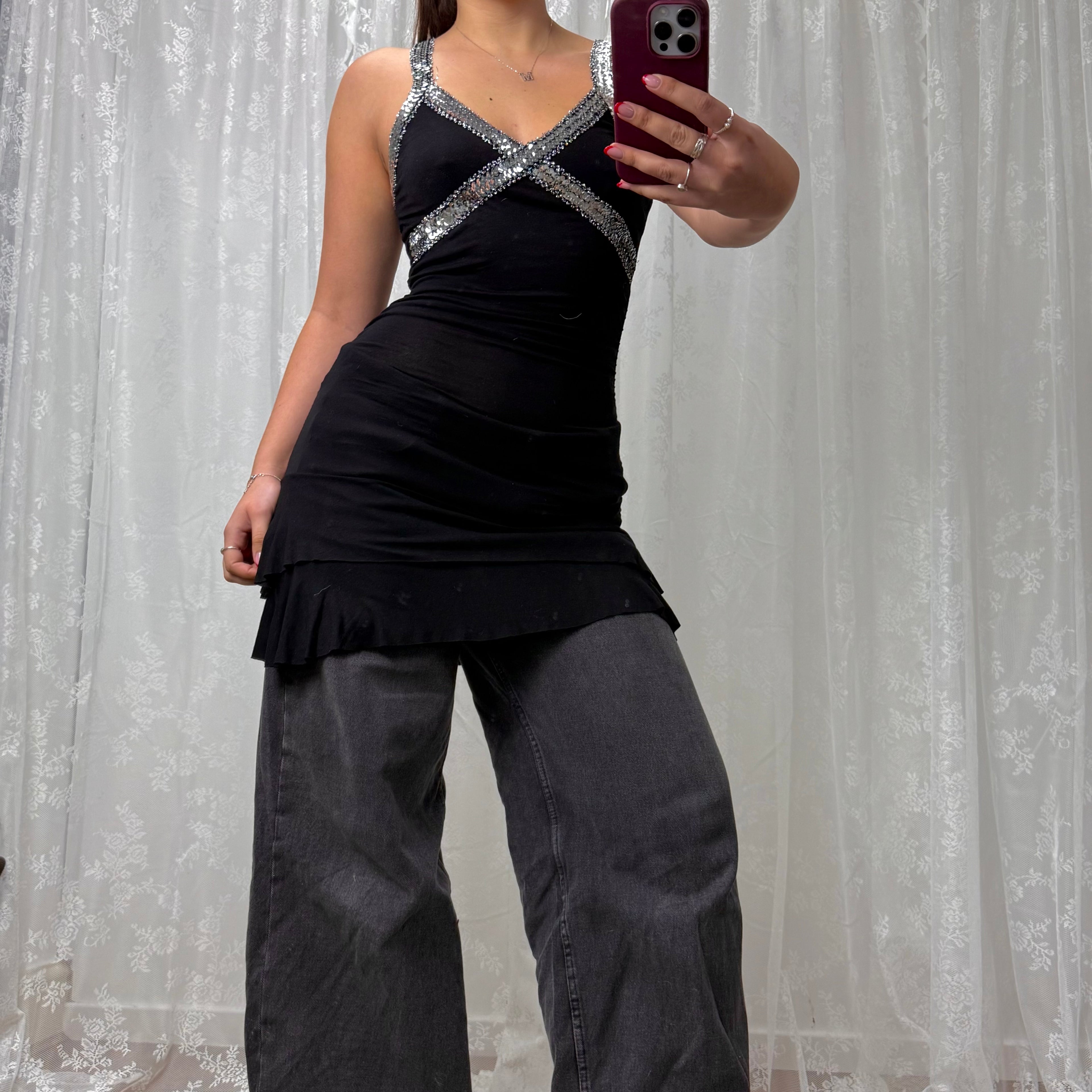 Black and silver sequin tiered mini dress