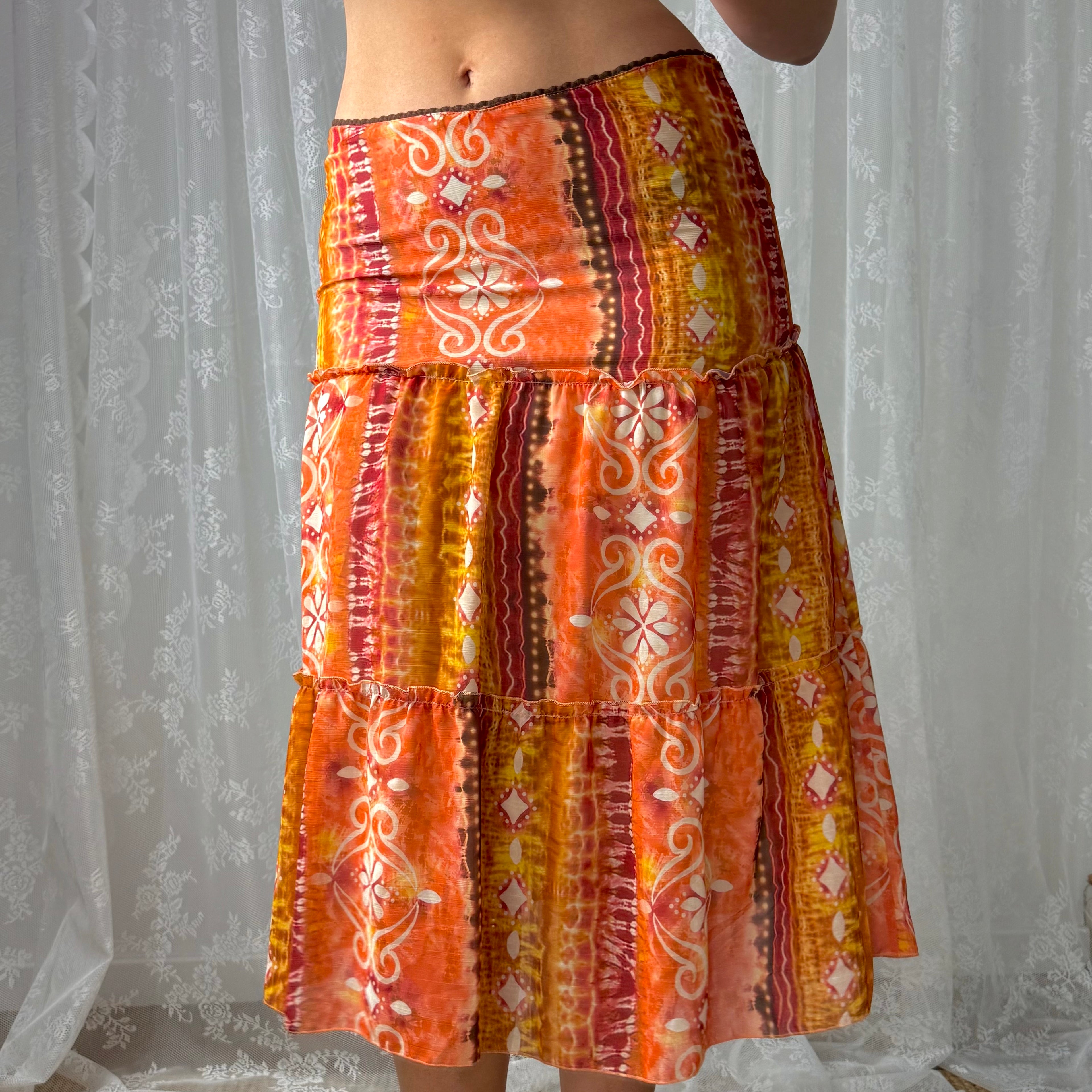 Orange and pink mesh midi skirt