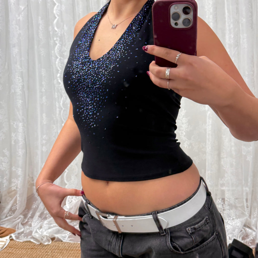Black vintage blue and purple sparkly halterneck