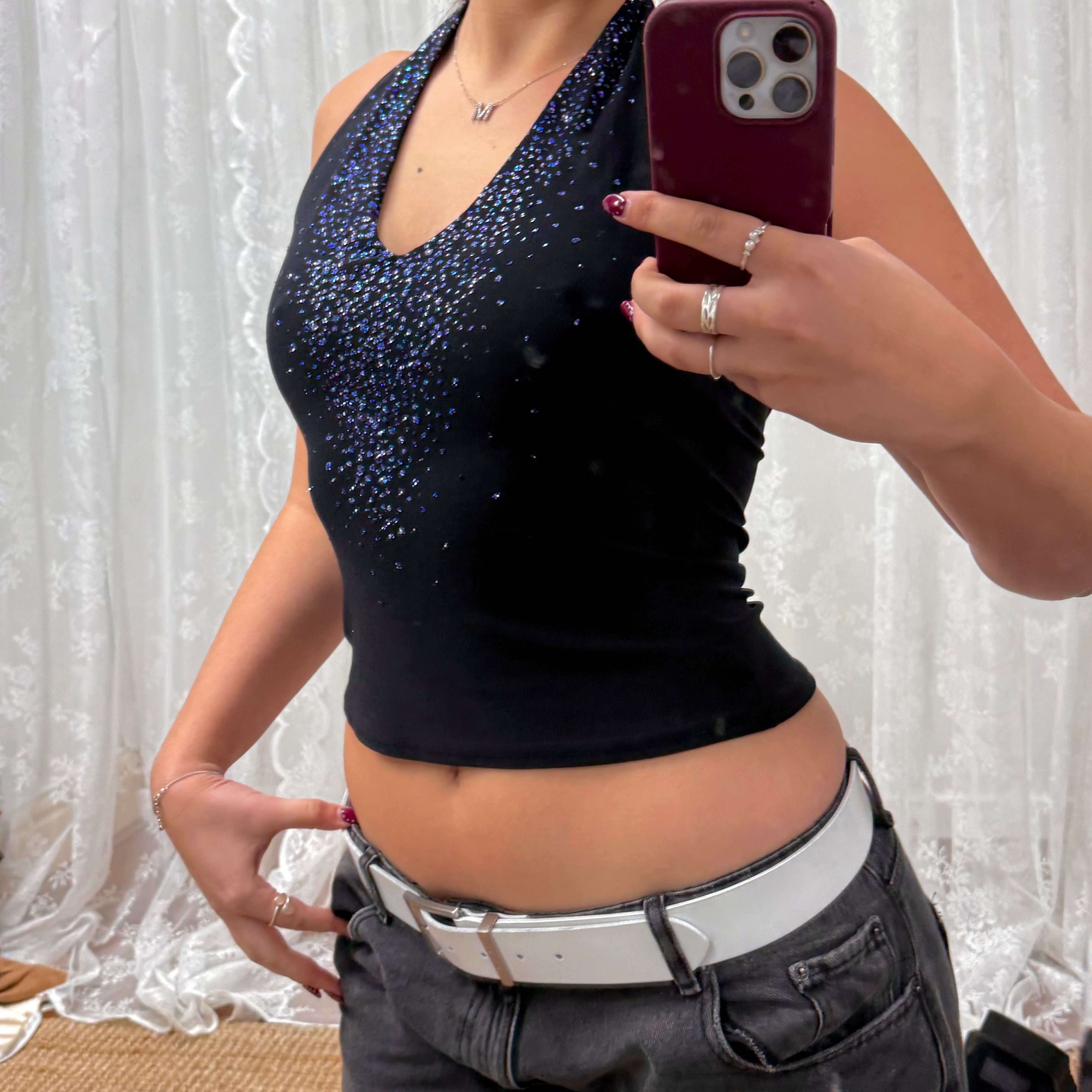 Black vintage blue and purple sparkly halterneck