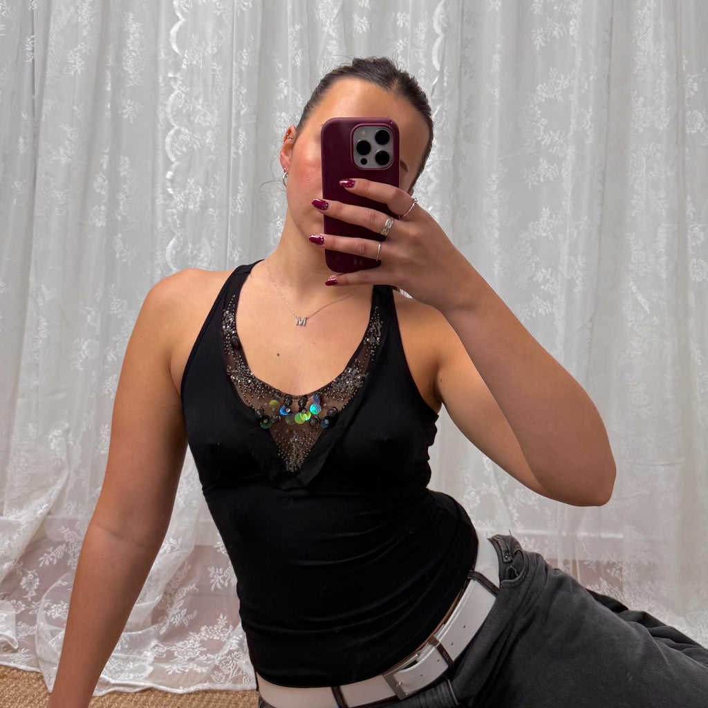 Black beaded cami top with tie back