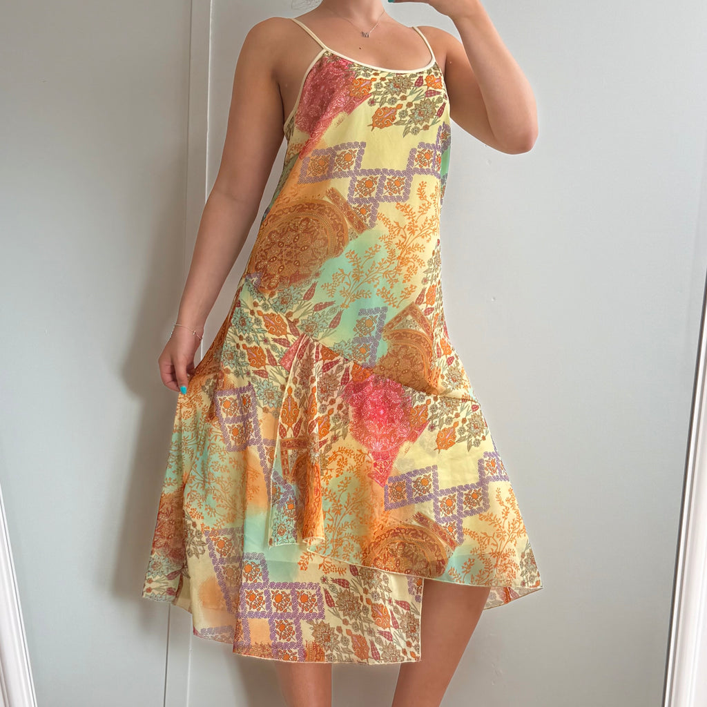Multicoloured mesh asymmetrical patterned midi dress