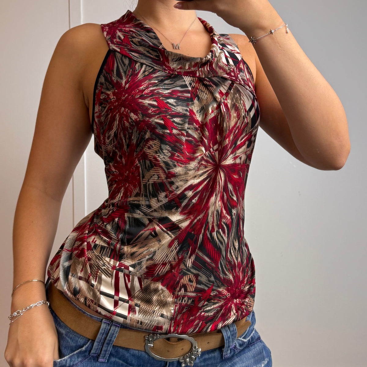 Red and beige slinky cami with tie back