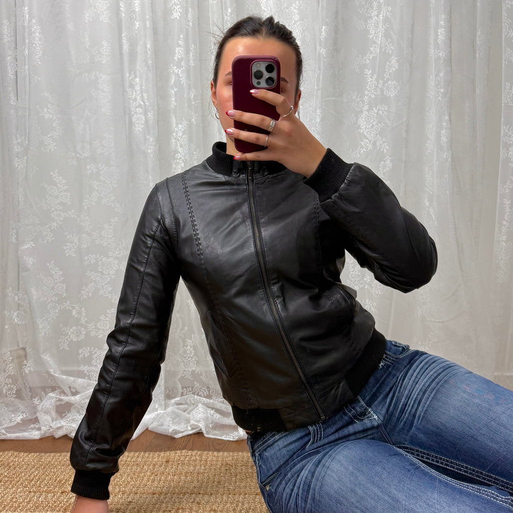 Black leather zip up bomber jacket