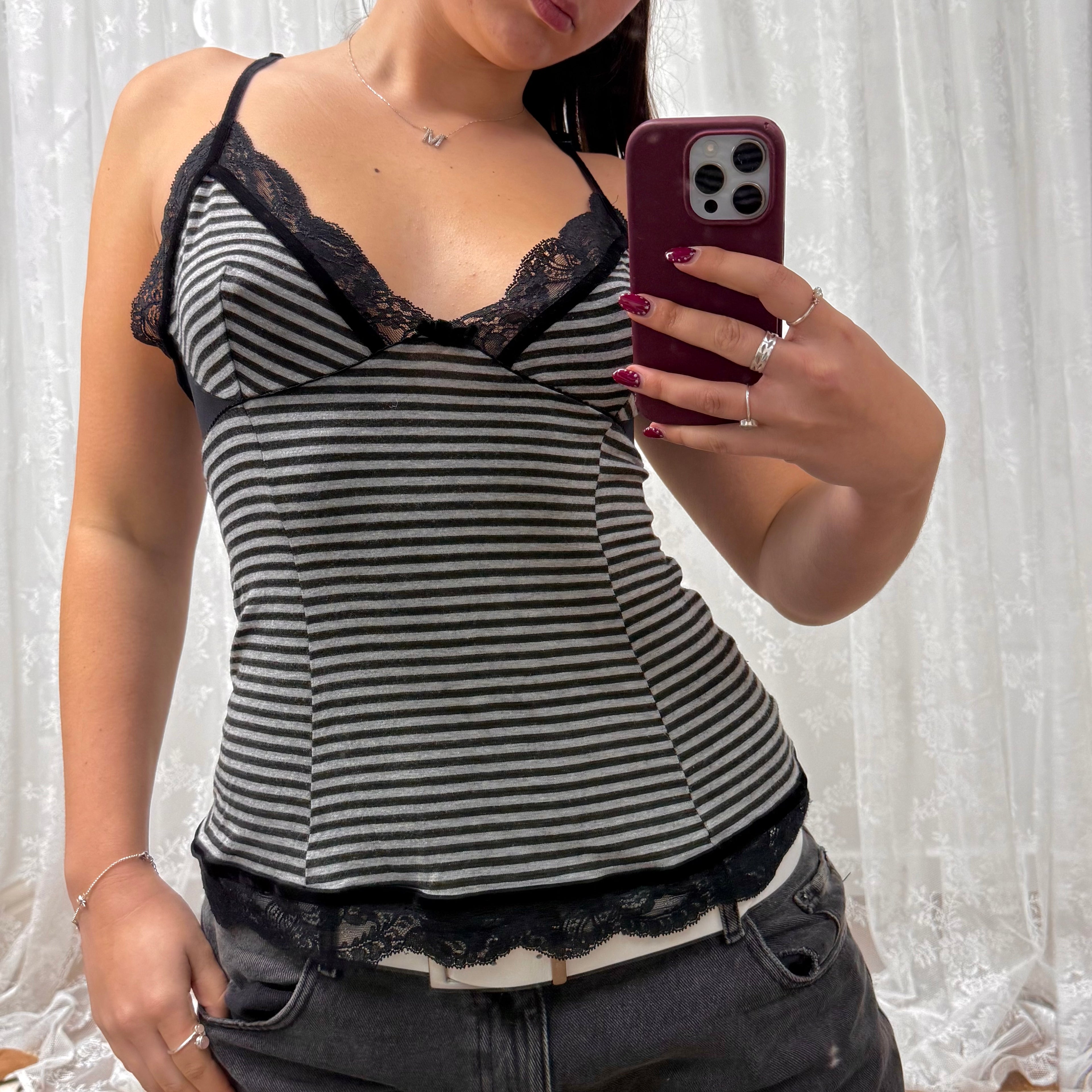 Grey and black striped lace cami top