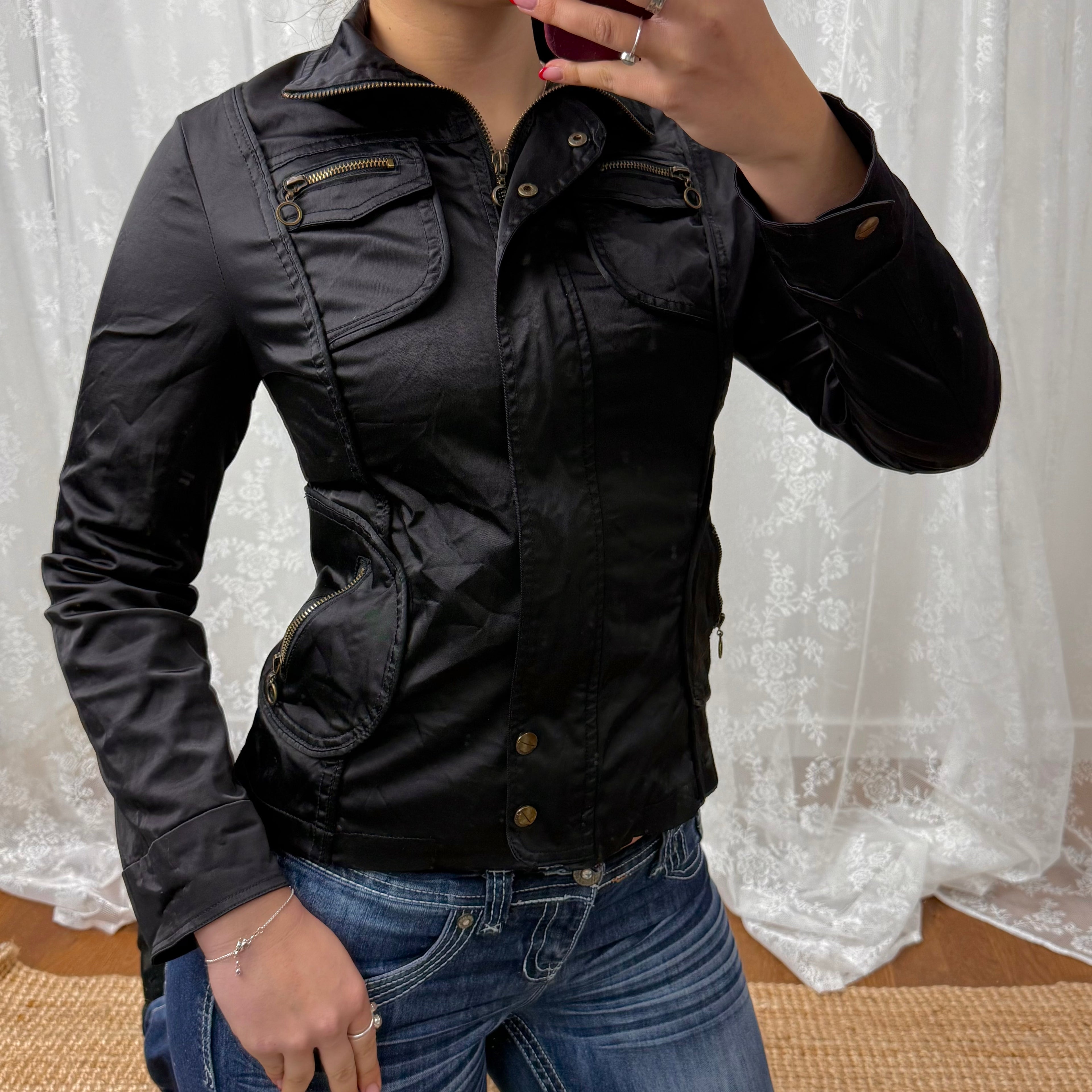 Black and gold shiny zip up cargo jacket