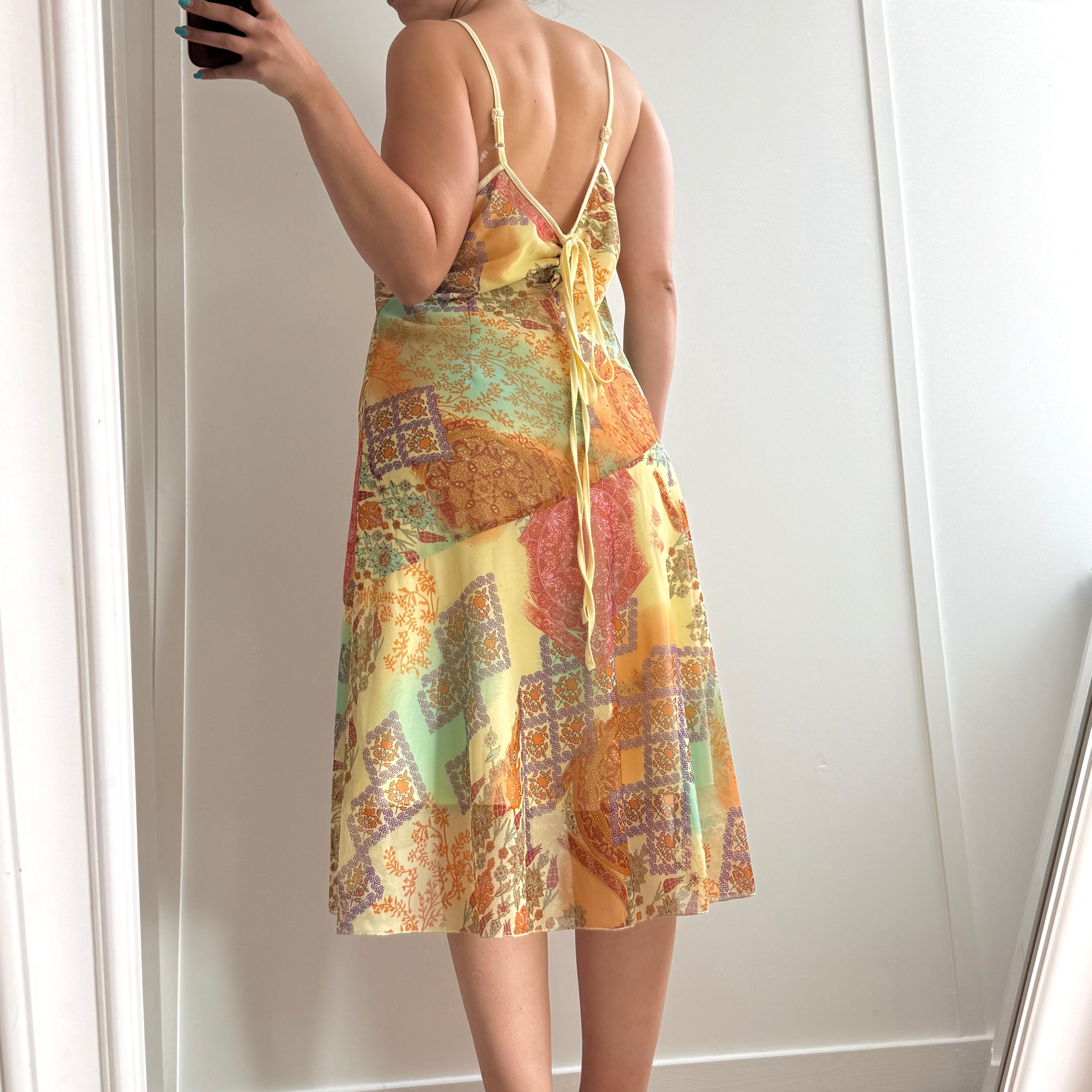 Multicoloured mesh asymmetrical patterned midi dress