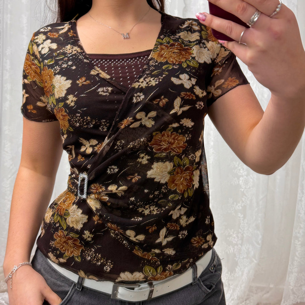 Brown floral mesh wrap around top