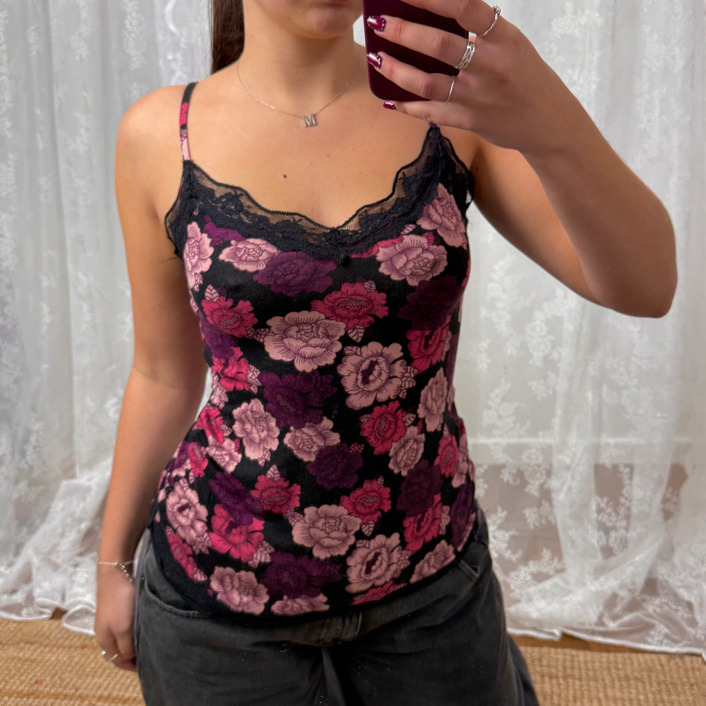 Black and pink floral lace cami top