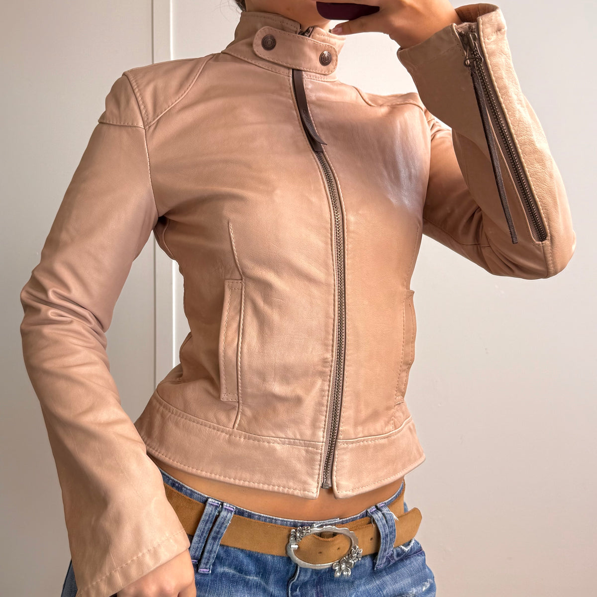 Pale pink/beige leather zip up jacket