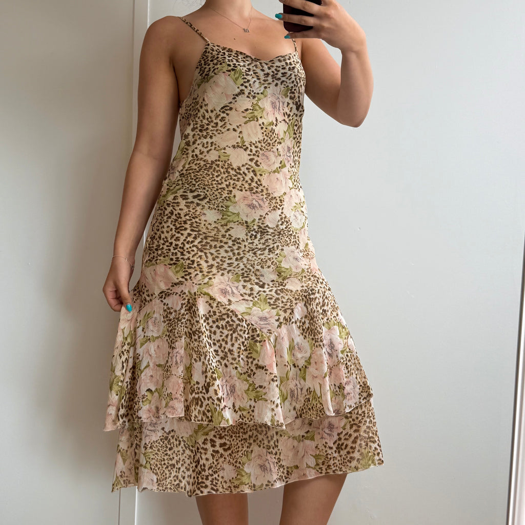 Leopard print and floral mesh tiered midi dress