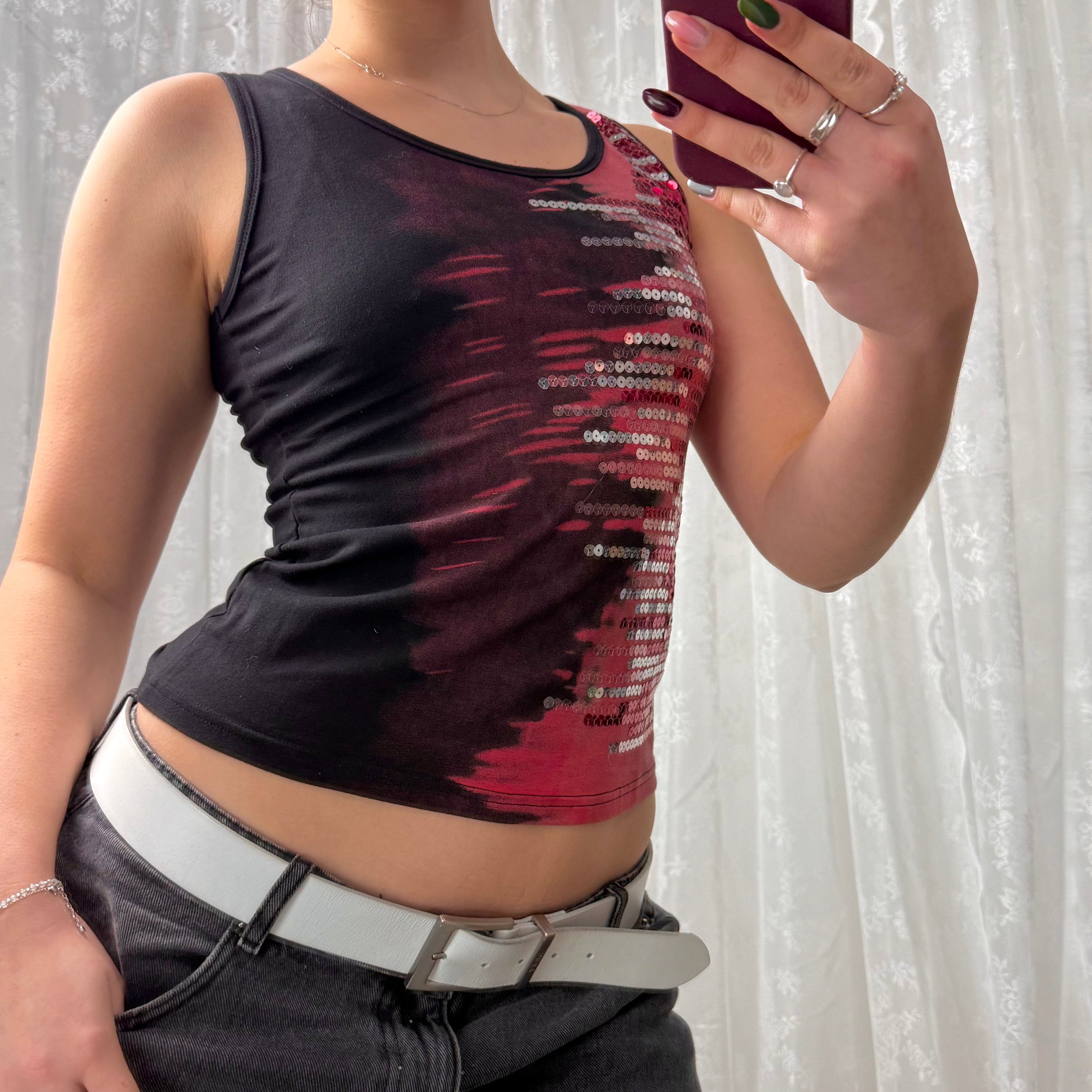 Black and red sequin tank top