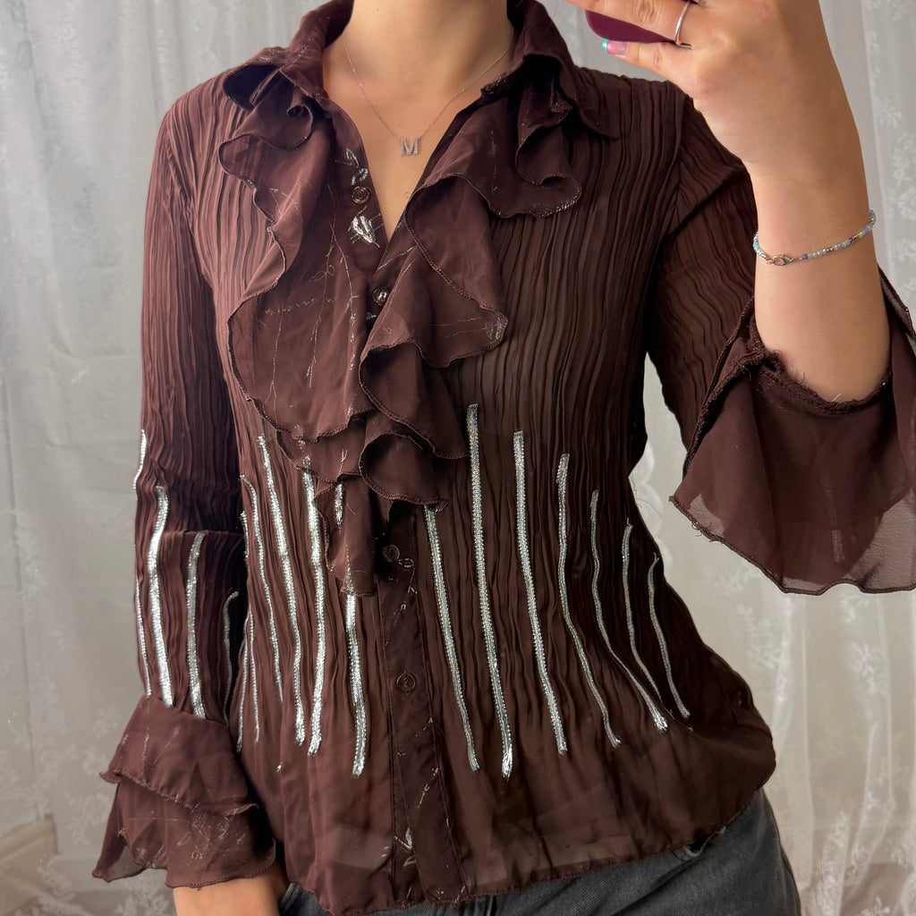 Brown mesh ruffle detailed shirt