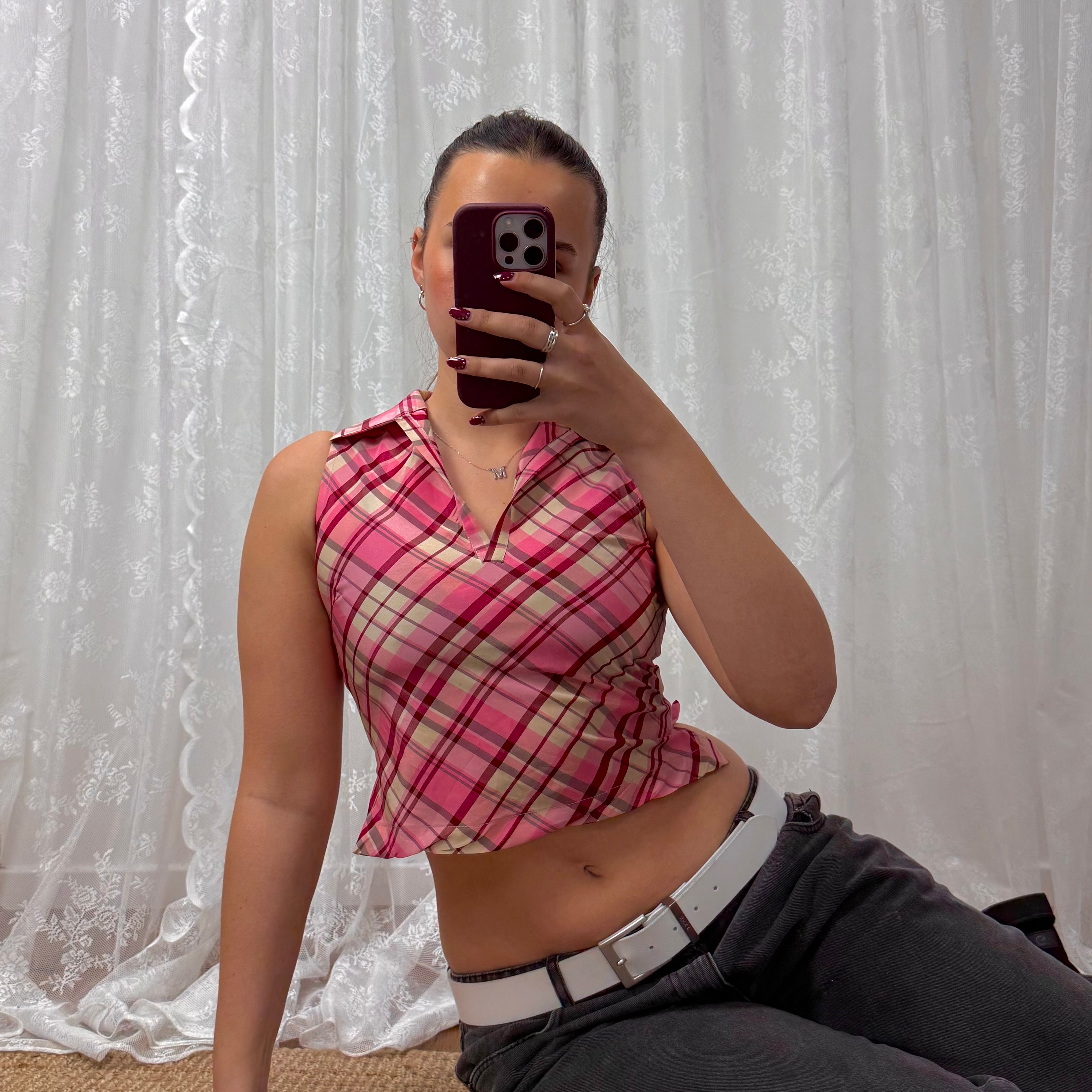 Pink checkered crop top with collar