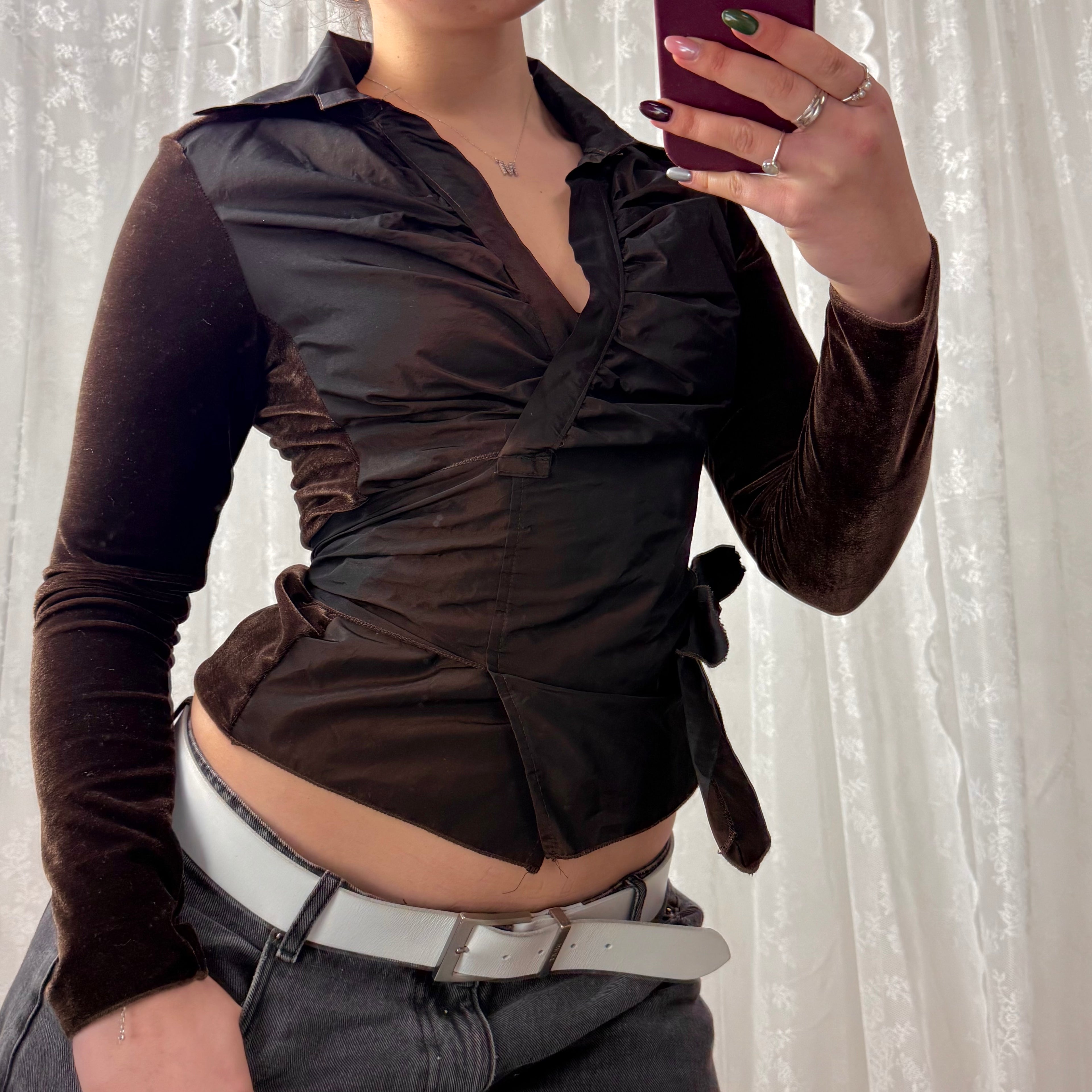 Brown velvet and shiny metallic wrap around shirt