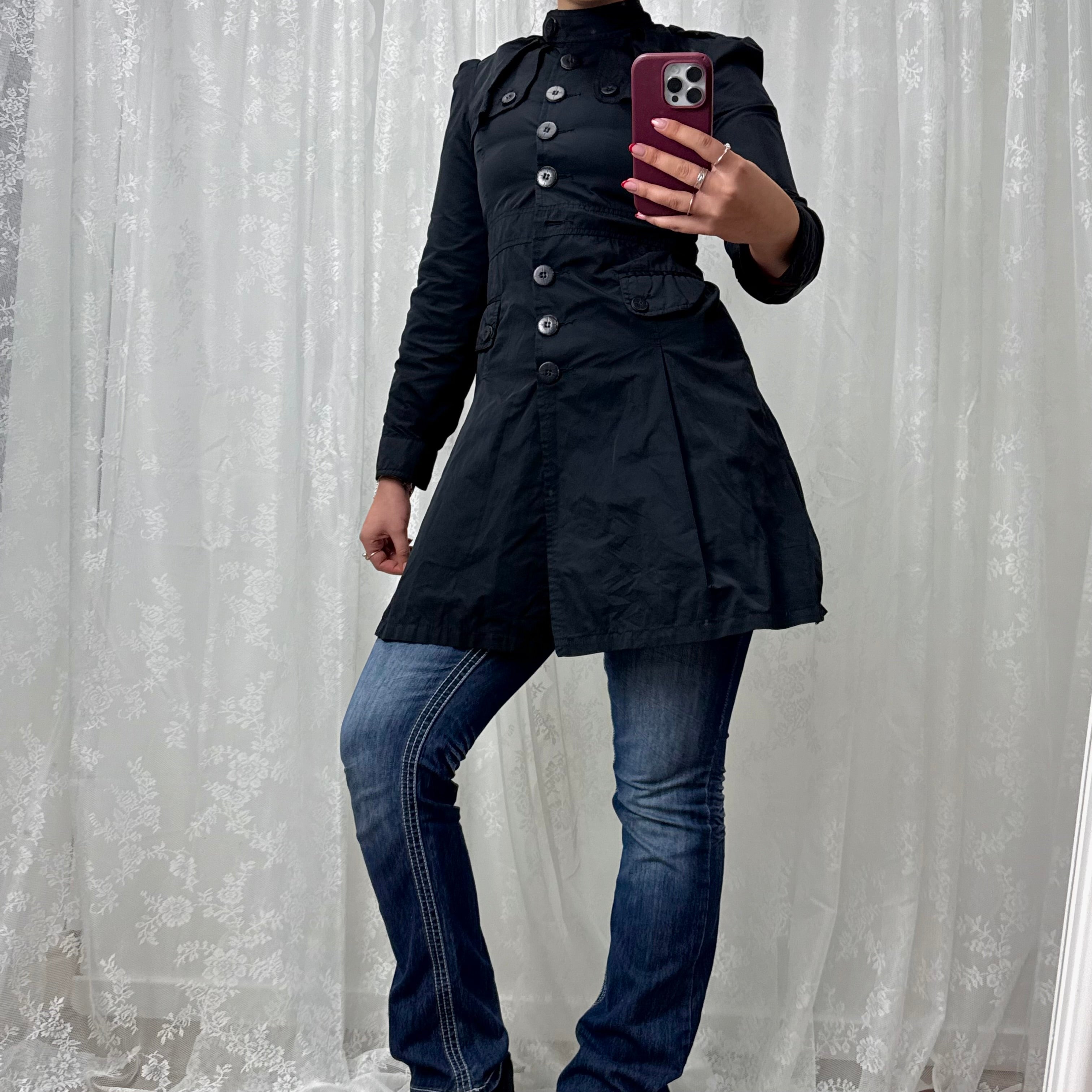 Black shiny Longlined button up jacket