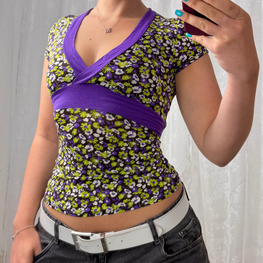 Purple and green slinky patterned top with tie back