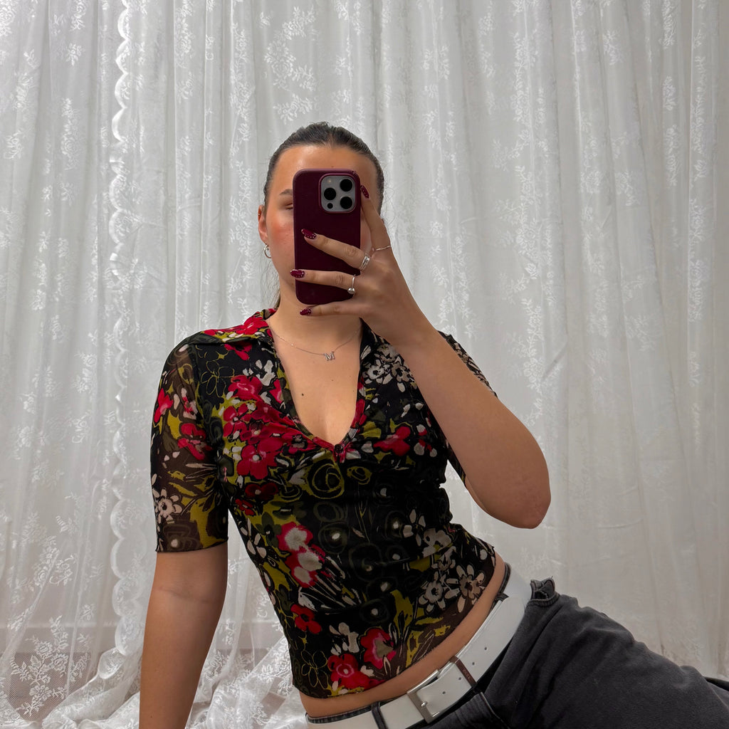 Black floral mesh collared top