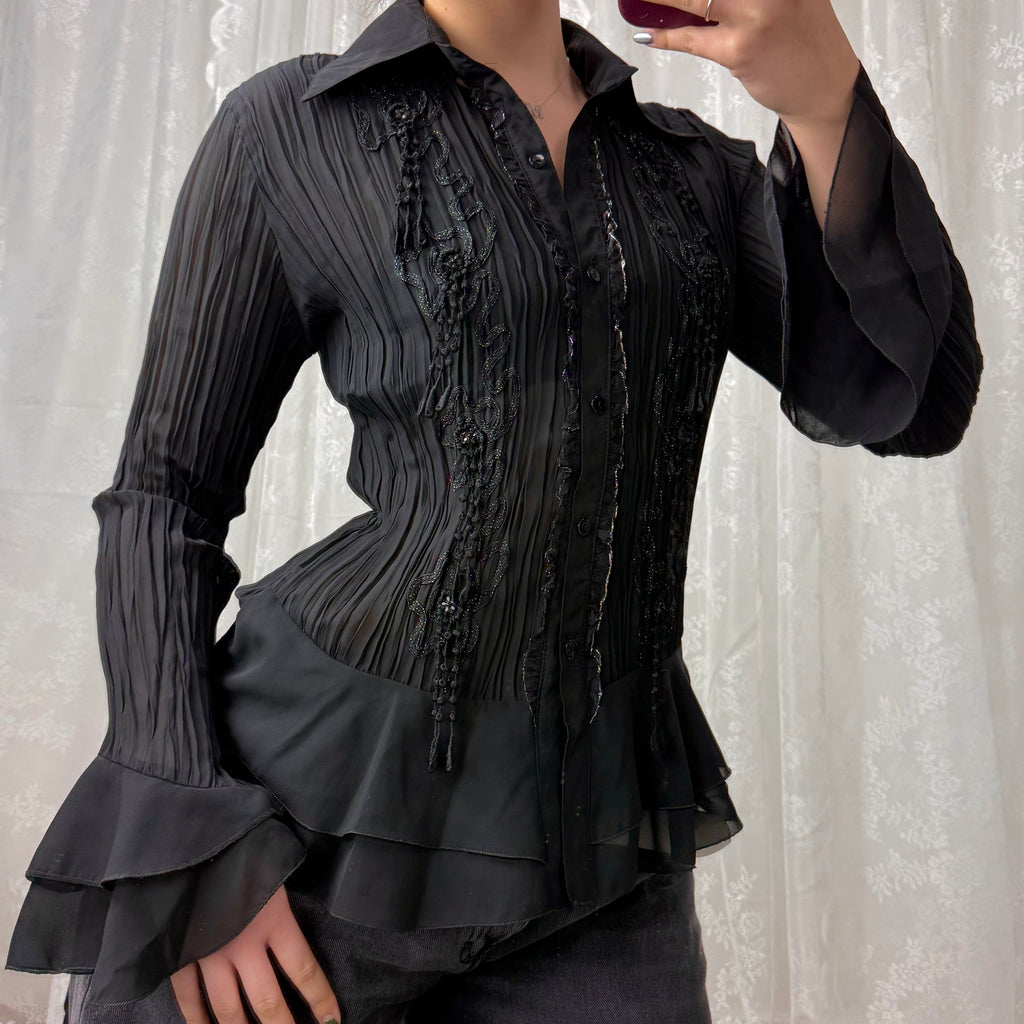 Black mesh shirt with green and black detailing
